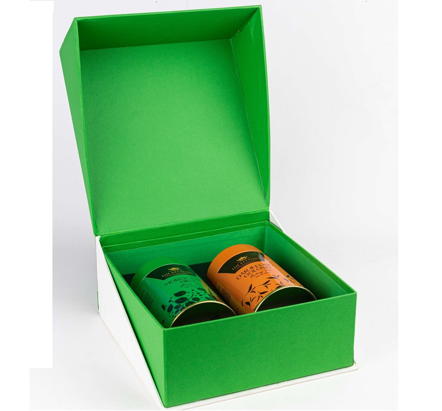 Twin Tea Gift Set featuring two premium tea tins in elegant packaging, customizable with various tea options.