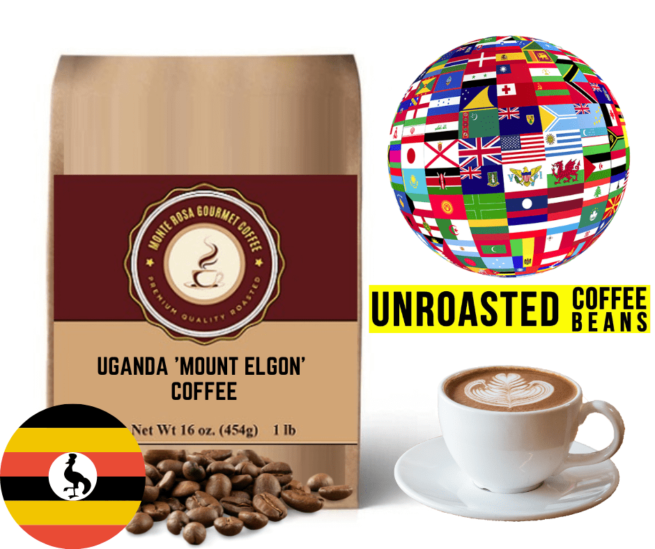 A bag of Uganda 'Mount Elgon' Coffee showcasing its vibrant packaging and highlighting its unique origin from volcanic soils.