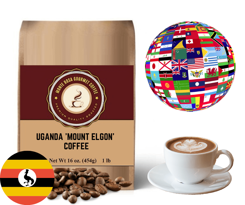A bag of Uganda 'Mount Elgon' Coffee showcasing its rich, dark beans, surrounded by lush green coffee plants on the slopes of Mount Elgon.