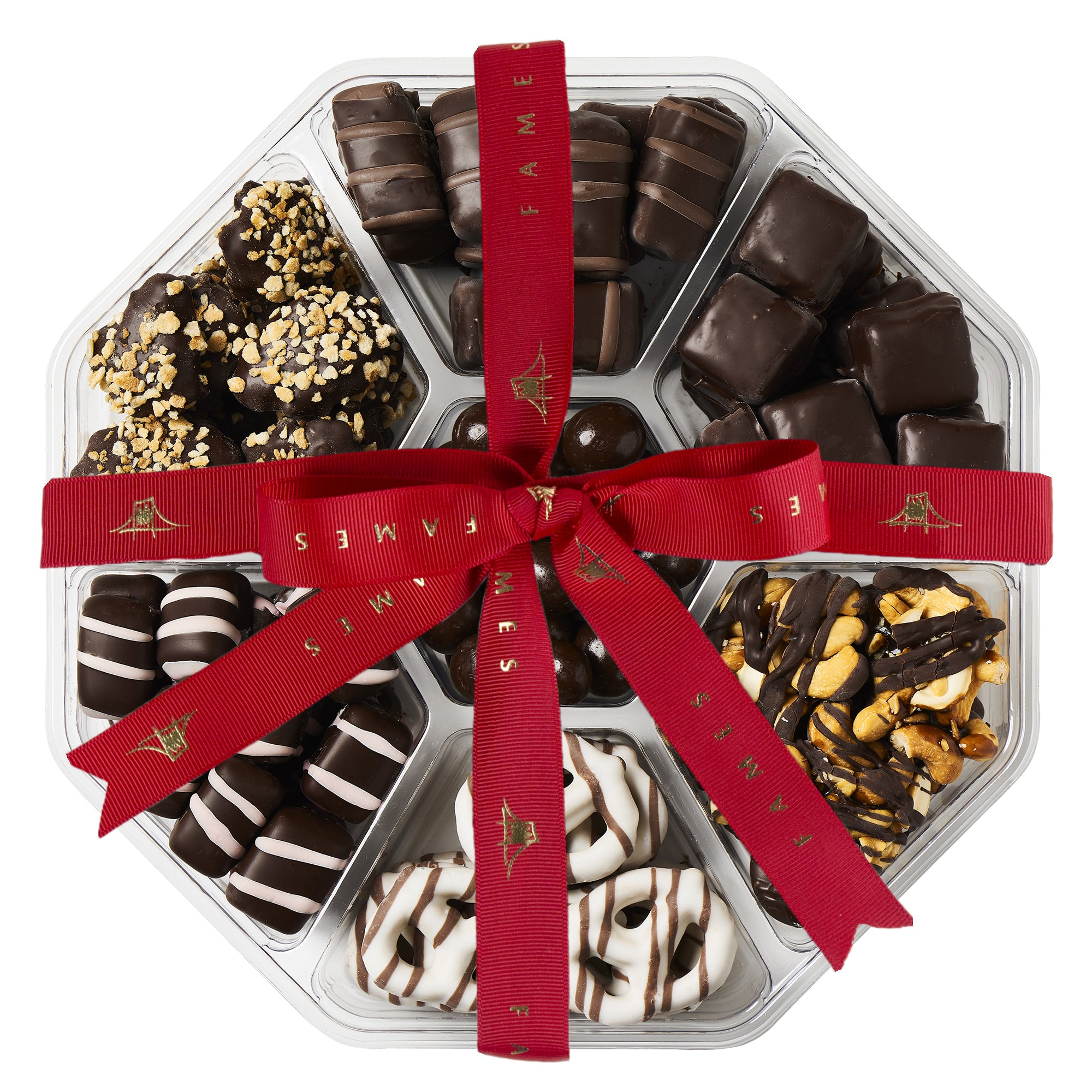 A large holiday gift basket filled with assorted chocolates and handcrafted chocolate logs, beautifully arranged for festive celebrations.