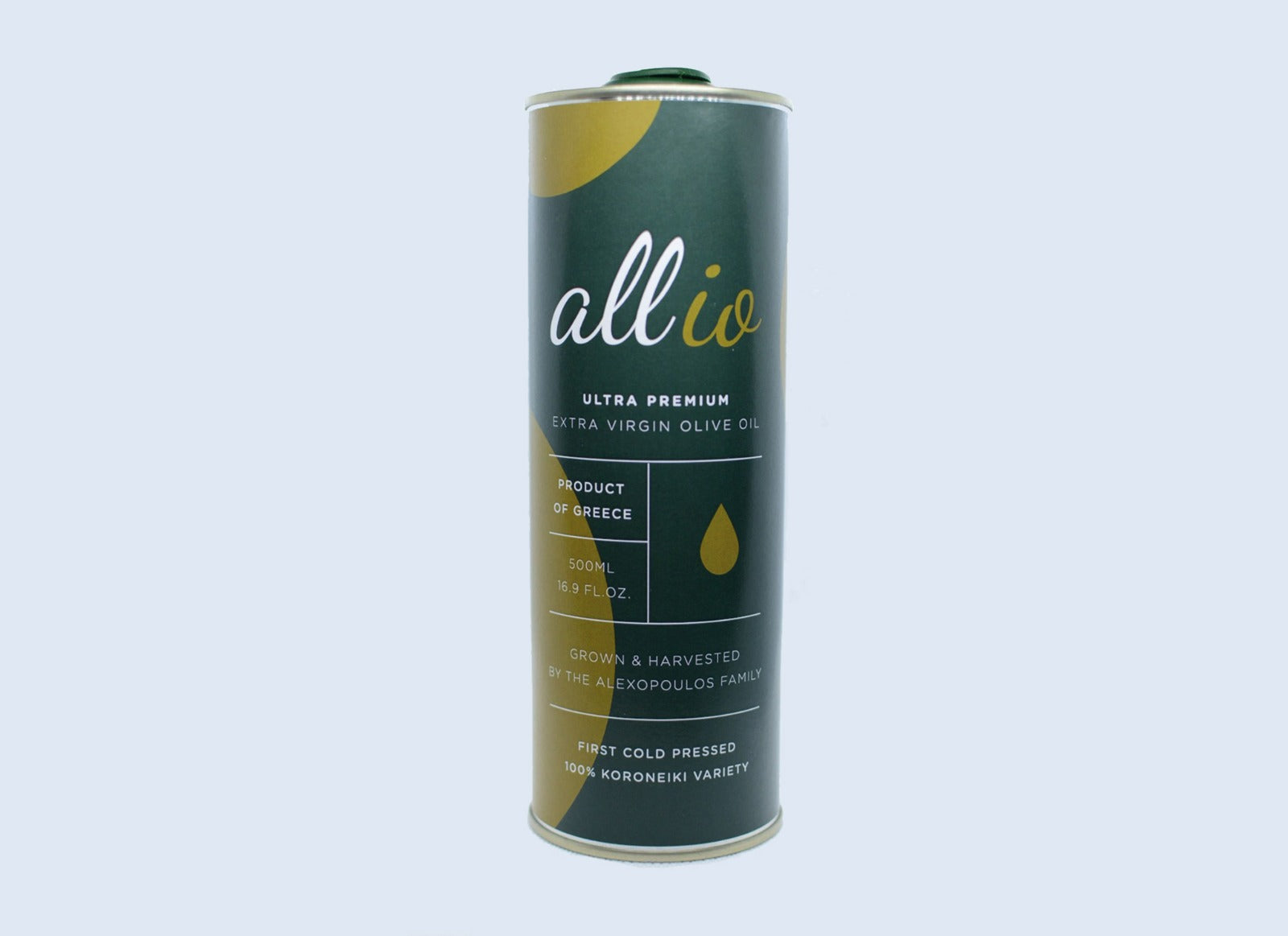 A 500ml tin of ultra premium extra virgin olive oil, showcasing its elegant design and high-quality branding.