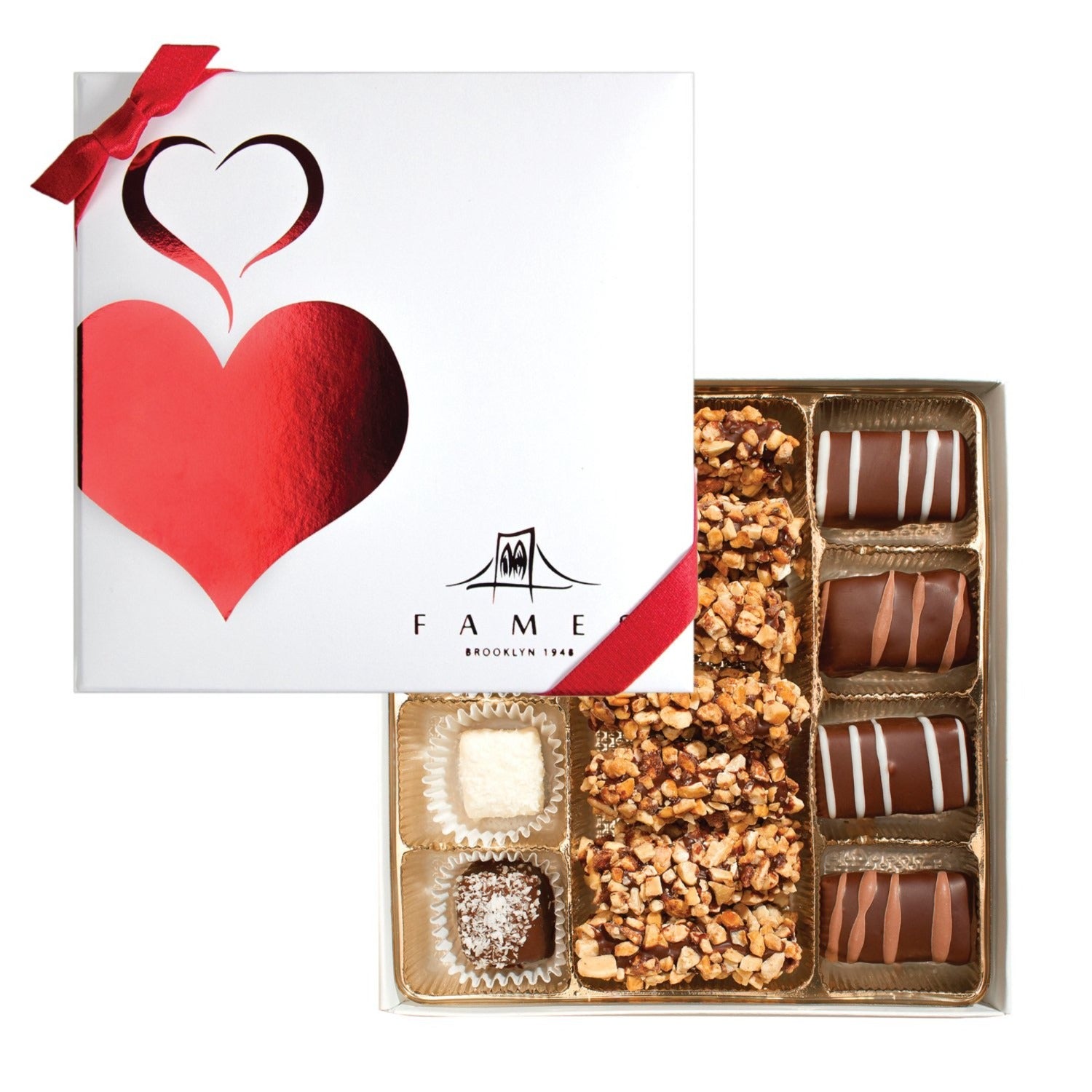 Valentine's Day Chocolate Gift Box featuring gourmet chocolates including Viennese Crunch, Butter Blend, and Coconut Caramel.