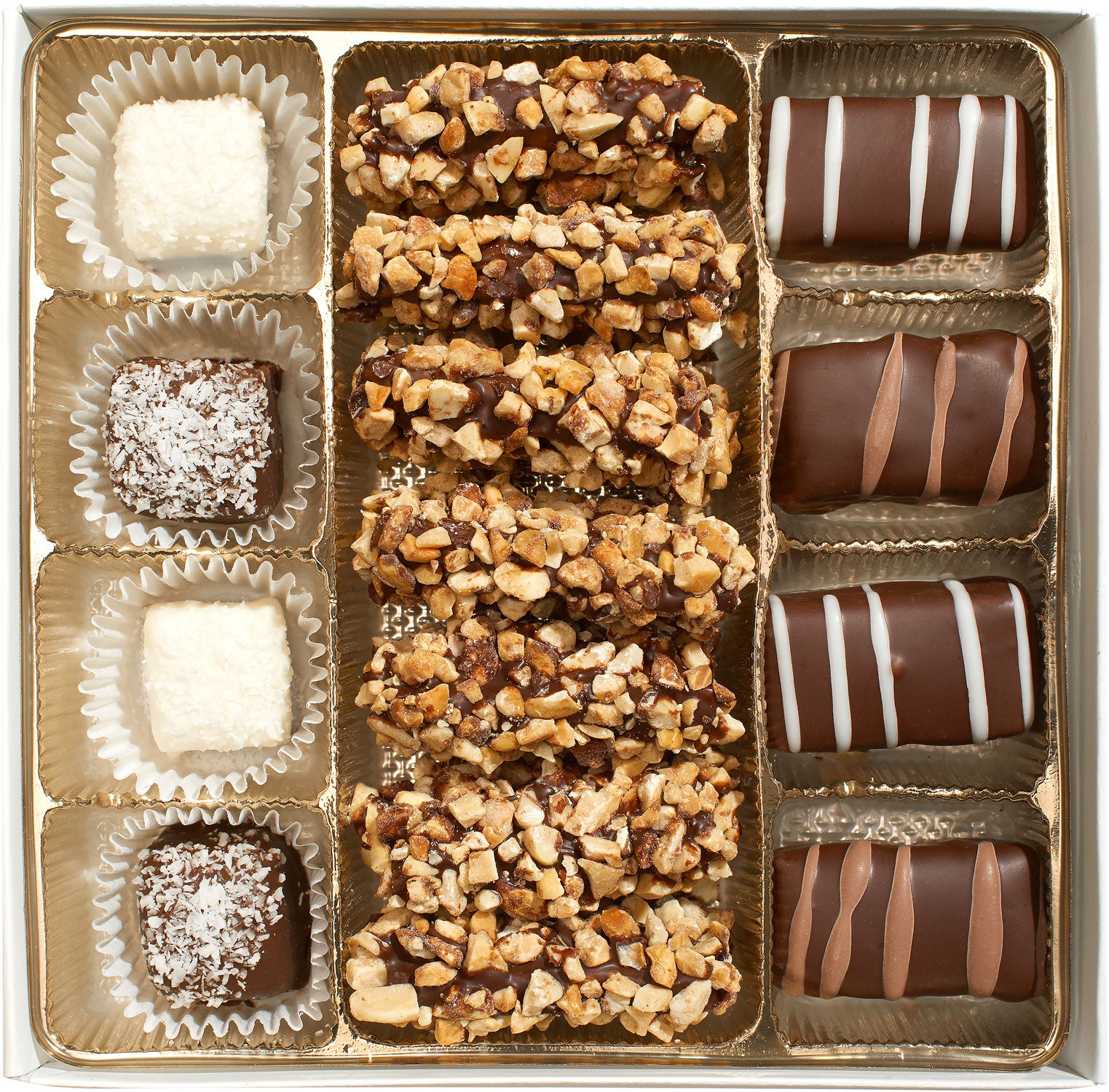 Valentine's Day Chocolate Gift Box featuring gourmet chocolates including Viennese Crunch, Butter Blend, and Coconut Caramel.