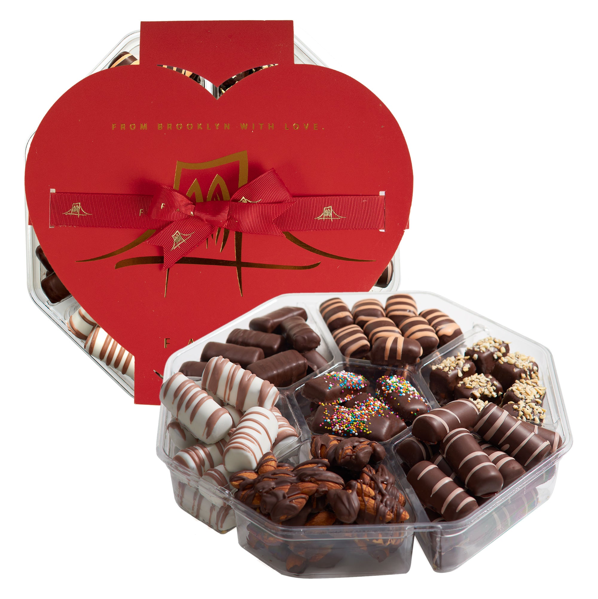 Valentine's Day Handcrafted Chocolate Gift Assortment elegantly packaged with a red heart ribbon, showcasing various chocolates including truffles and almond patties.