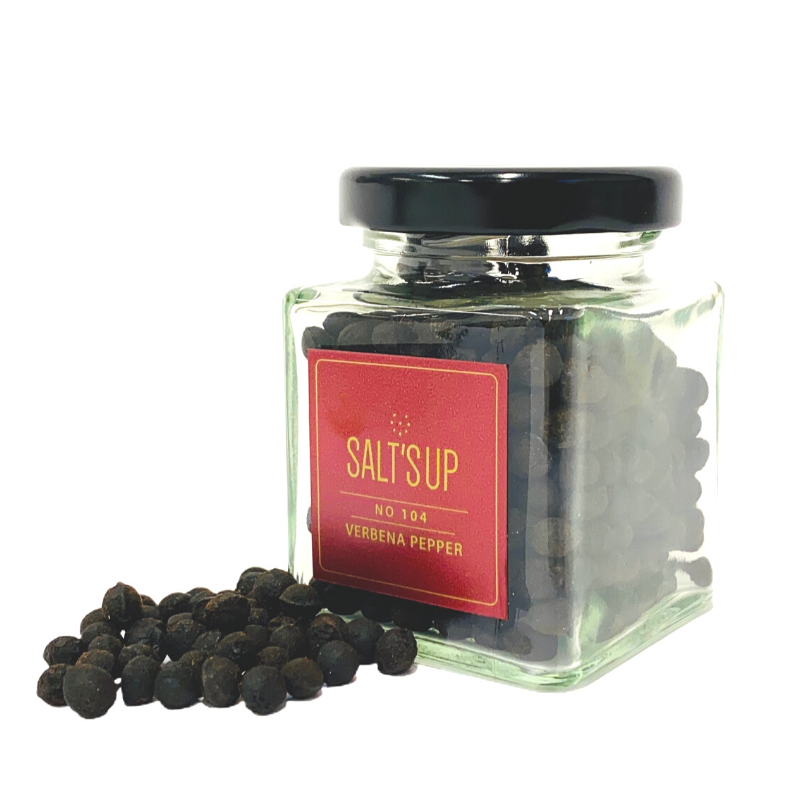 A glass jar of Verbena pepper showcasing its vibrant color and packaging, exuding a fresh lemon aroma.
