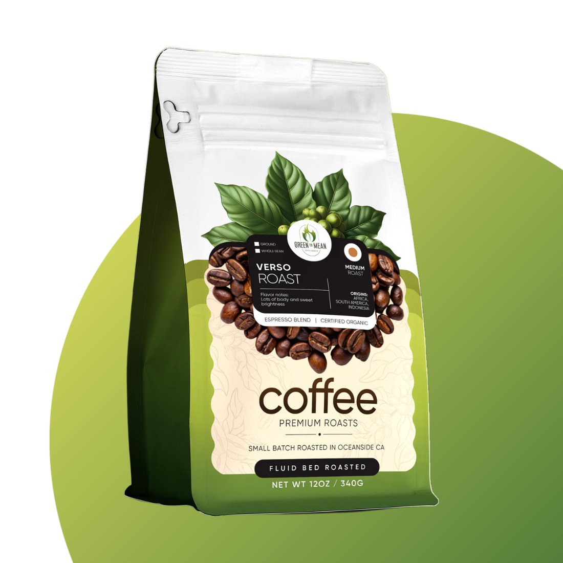 A 12OZ bag of Verso Roast by Green To Mean Coffee, showcasing its elegant design and rich coffee blend.