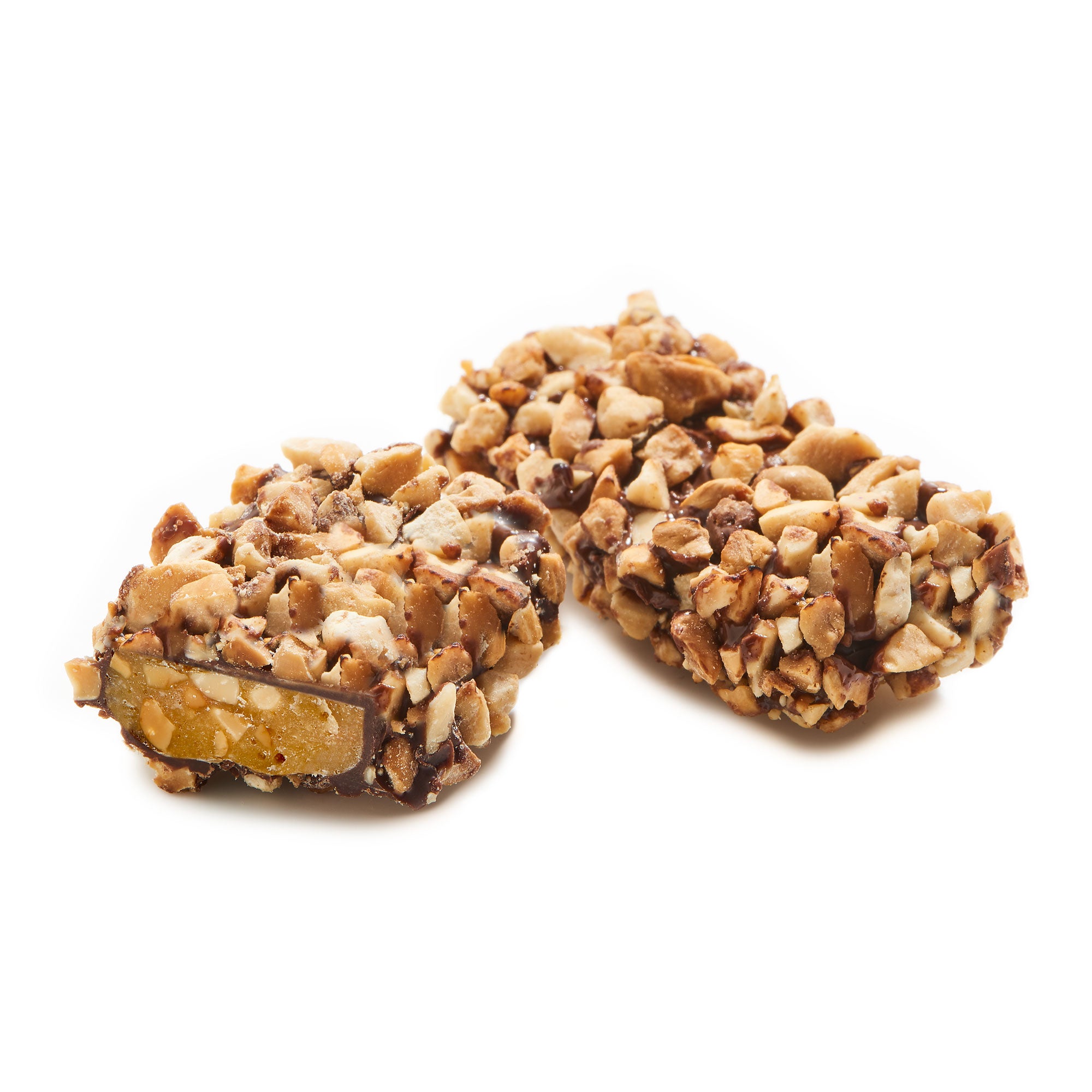 A close-up of Viennese Crunch, showcasing rich dark chocolate coating and a sprinkle of crushed nuts on top.