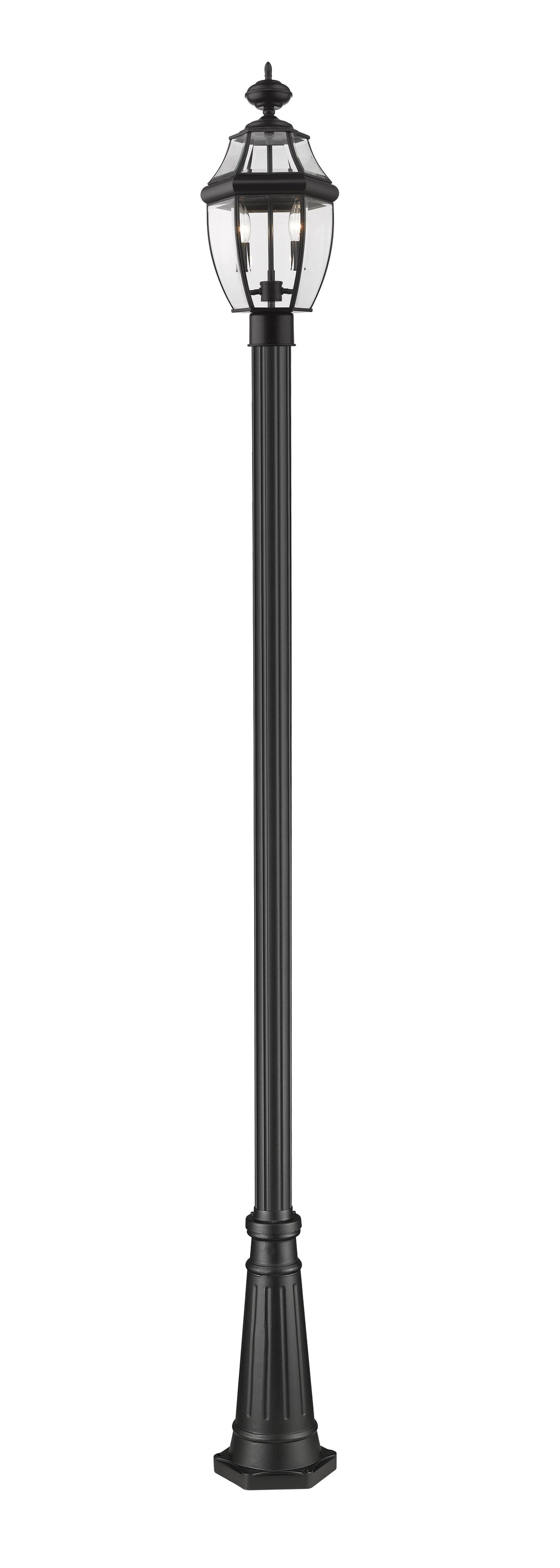 Westover 580PHM-519P-BK 2-Light Outdoor Post with clear beveled glass shade and black steel frame, ideal for outdoor lighting.