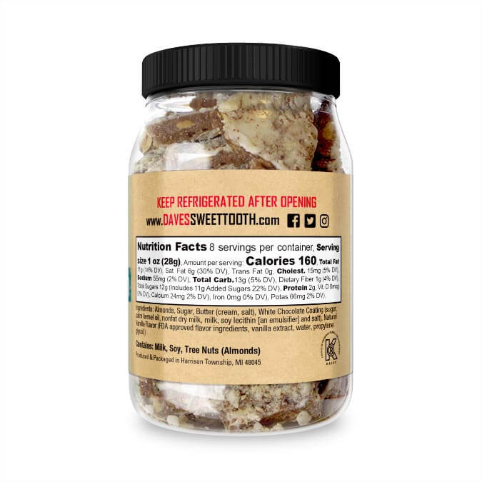 A close-up of White Chocolate Vanilla Bean Toffee, showcasing its creamy white chocolate coating, crunchy almond pieces, and rich vanilla flavor.