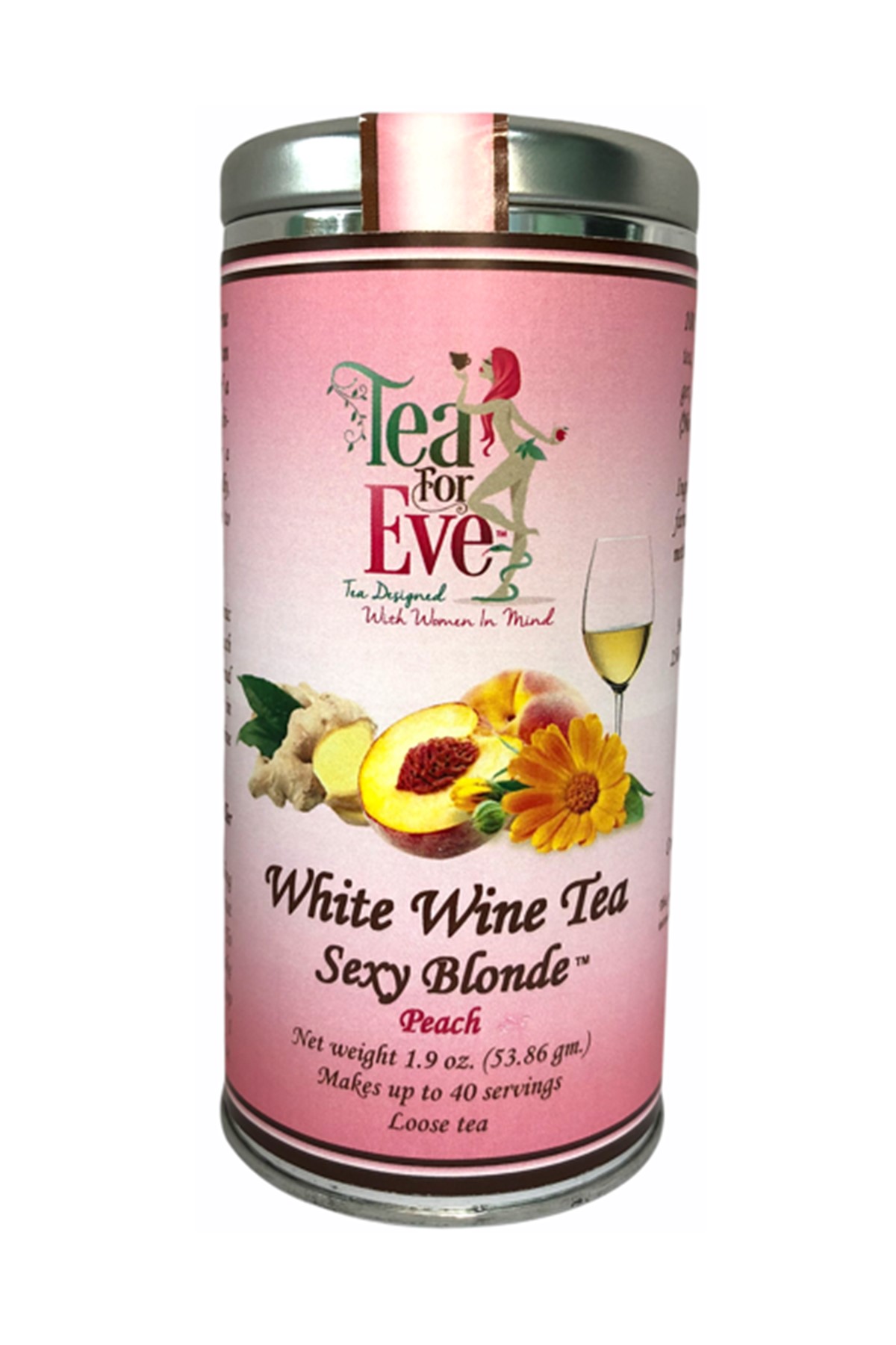 A beautifully packaged box of White Wine Infused Tea - Sexy Blonde featuring peach and stone fruit flavors, with tea leaves visible inside.