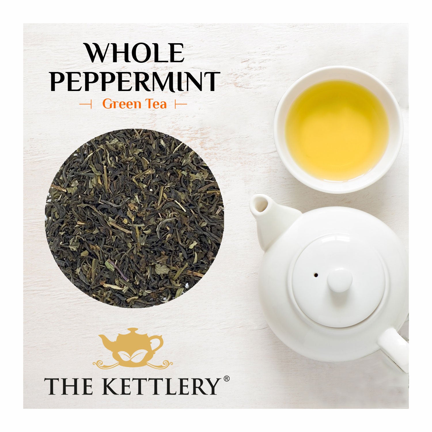 A tin of Whole Peppermint Green Tea featuring organic peppermint leaves and green tea blend, beautifully packaged.
