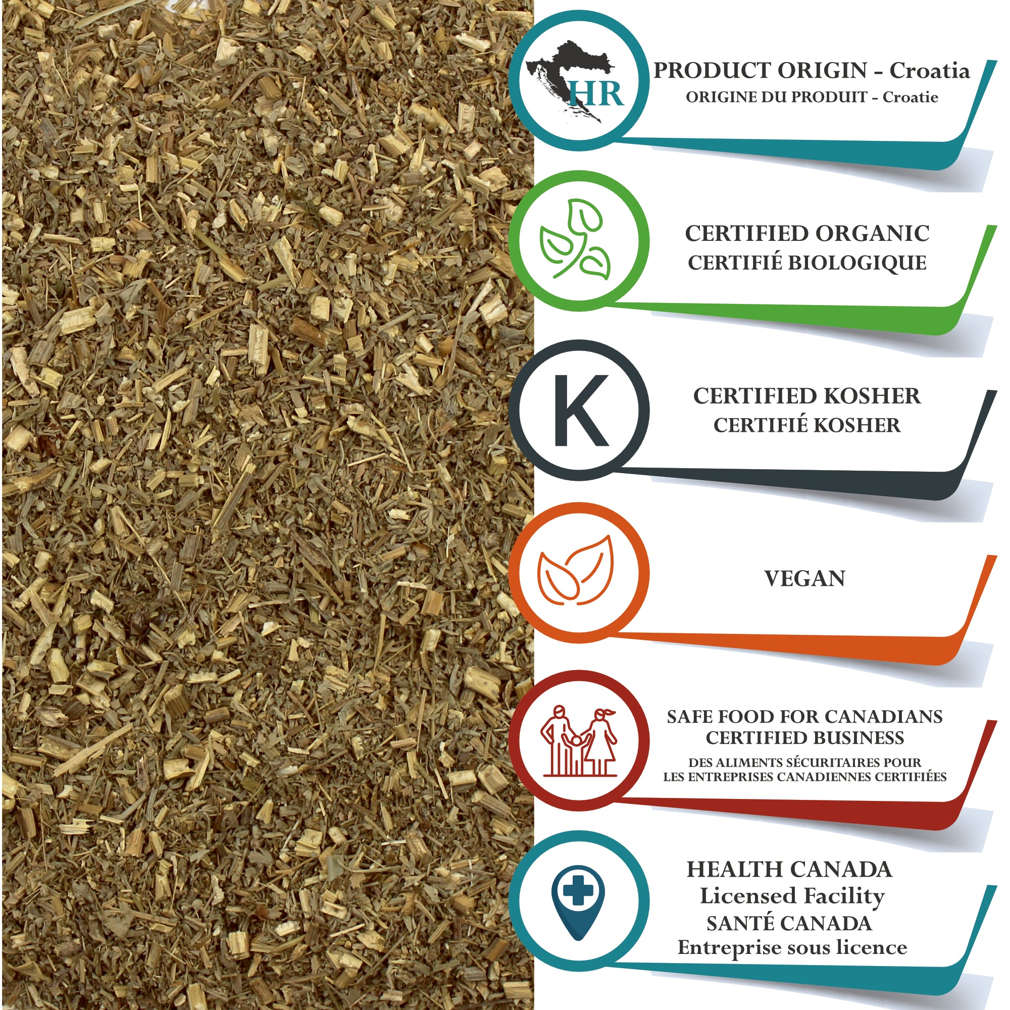 Organic Wormwood Herb Cut and Sifted in a clear package, showcasing its fine, cut leaves.