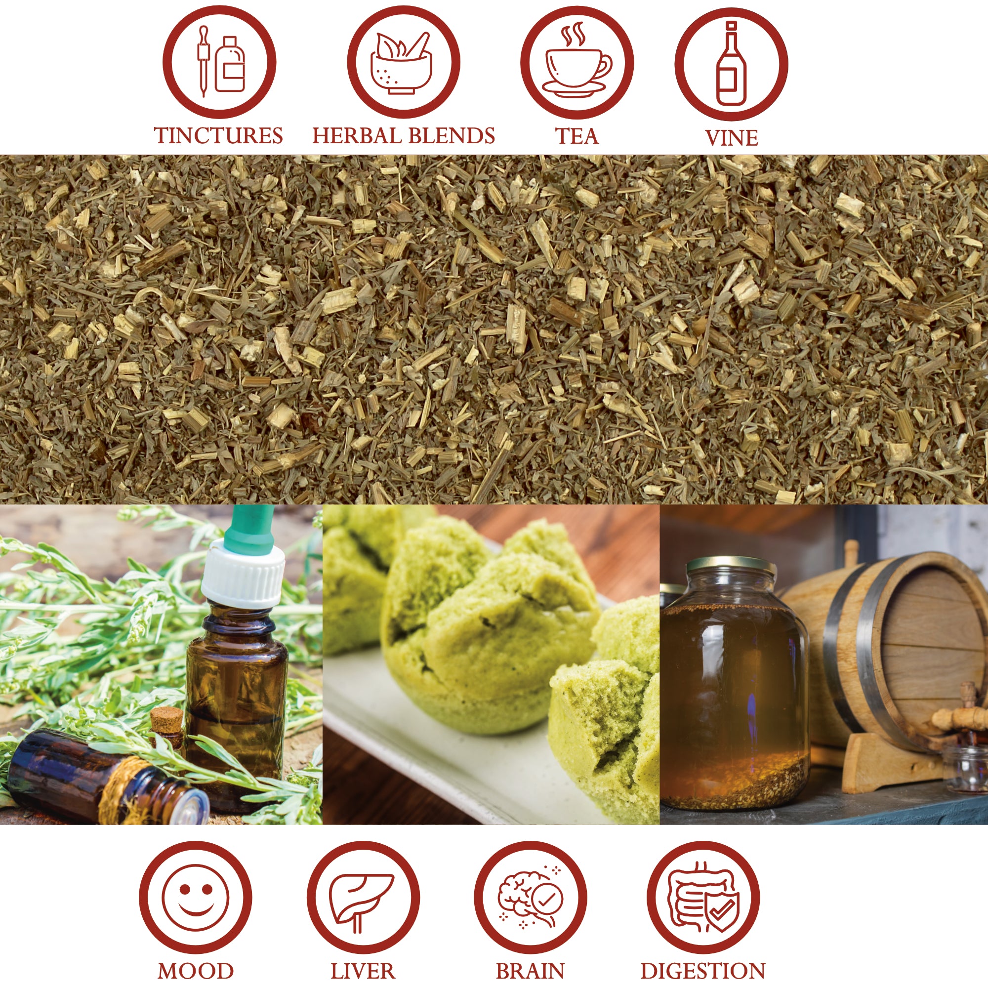 Organic Wormwood Herb Cut and Sifted in a clear package, showcasing its fine, cut leaves.