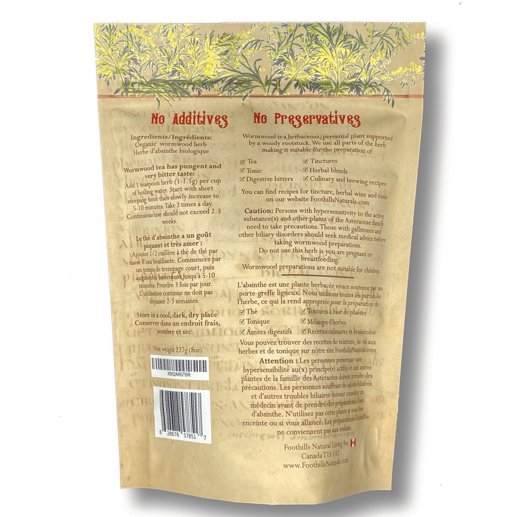 Organic Wormwood Herb Cut and Sifted in a clear package, showcasing its fine, cut leaves.