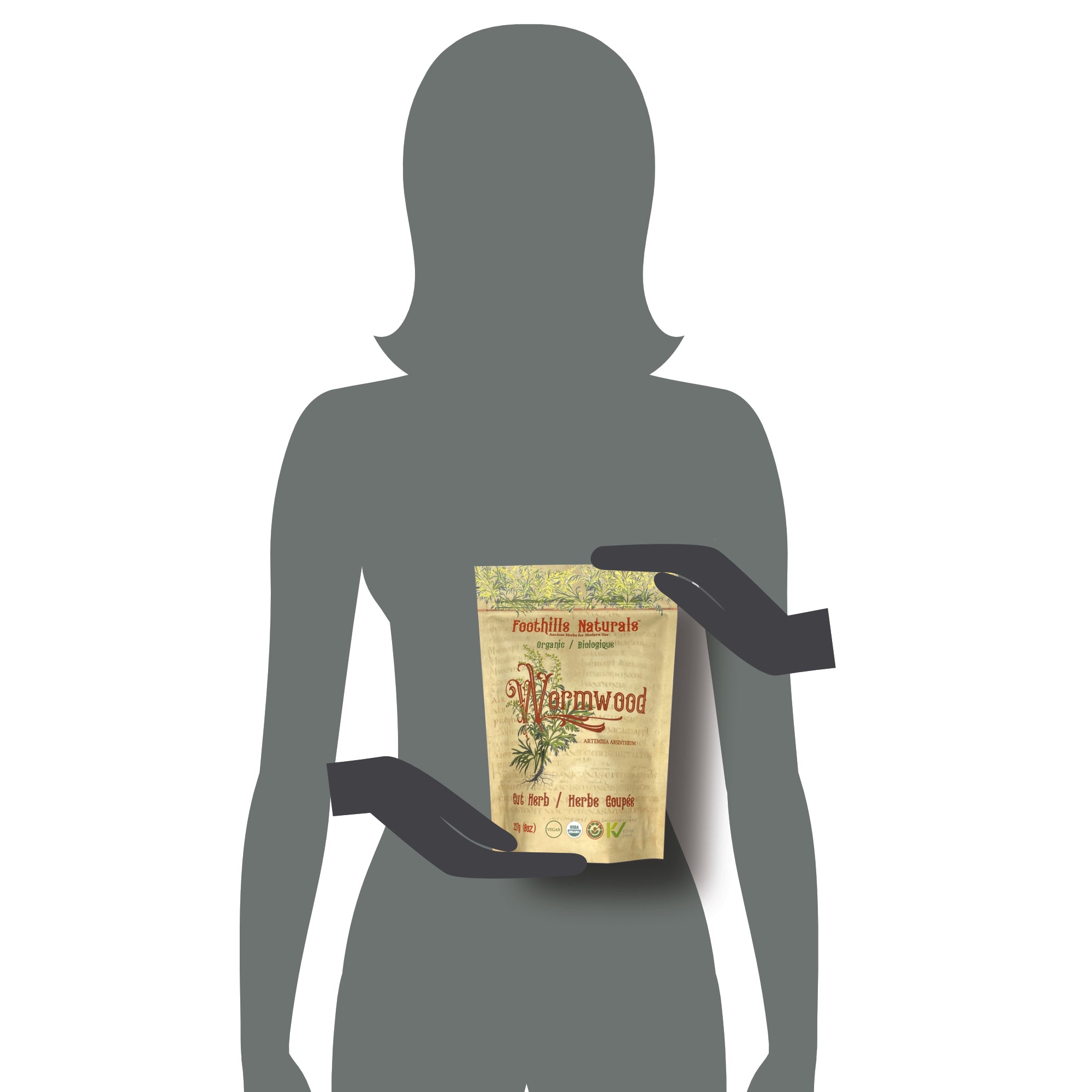 Organic Wormwood Herb Cut and Sifted in a clear package, showcasing its fine, cut leaves.