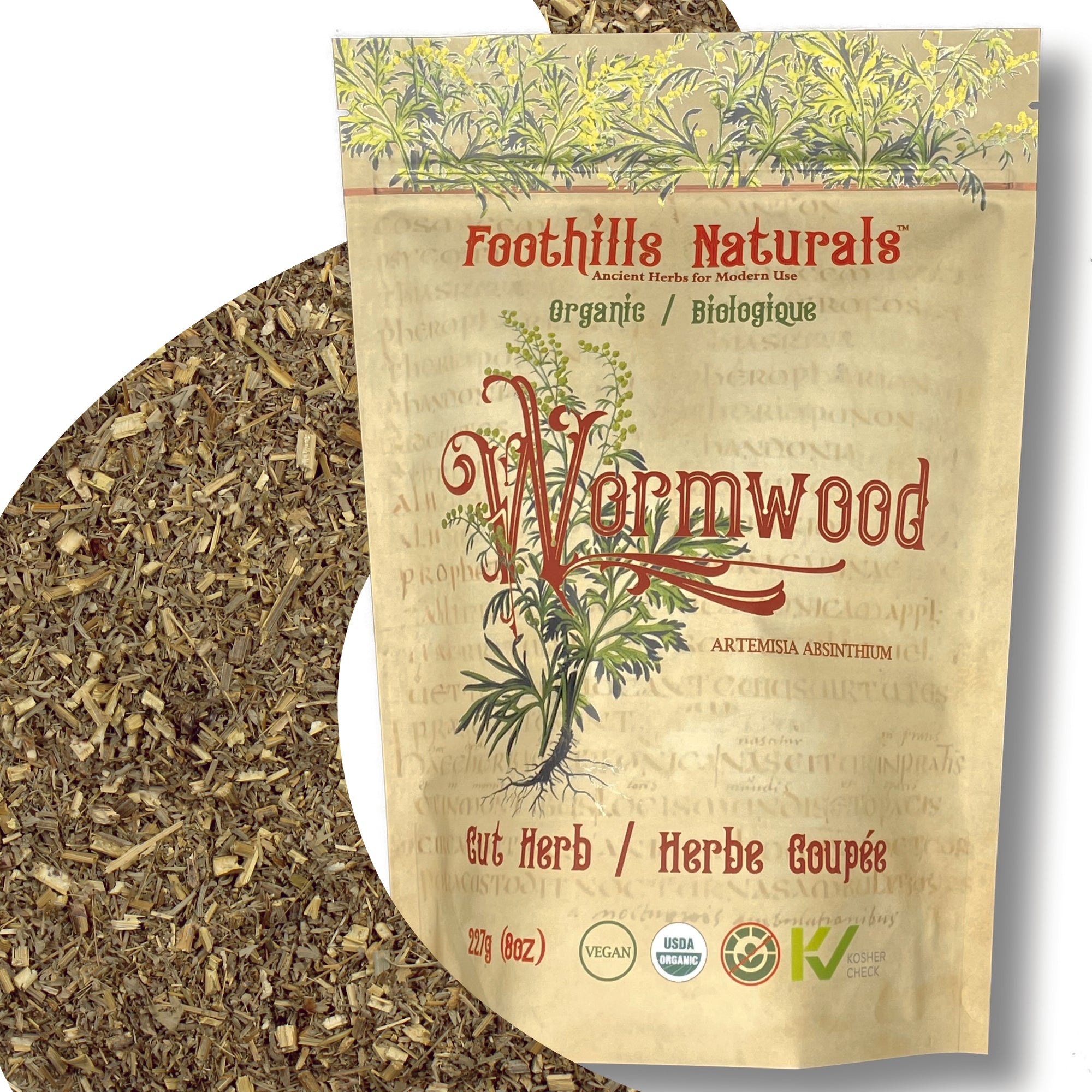 Organic Wormwood Herb Cut and Sifted in a clear package, showcasing its fine, cut leaves.