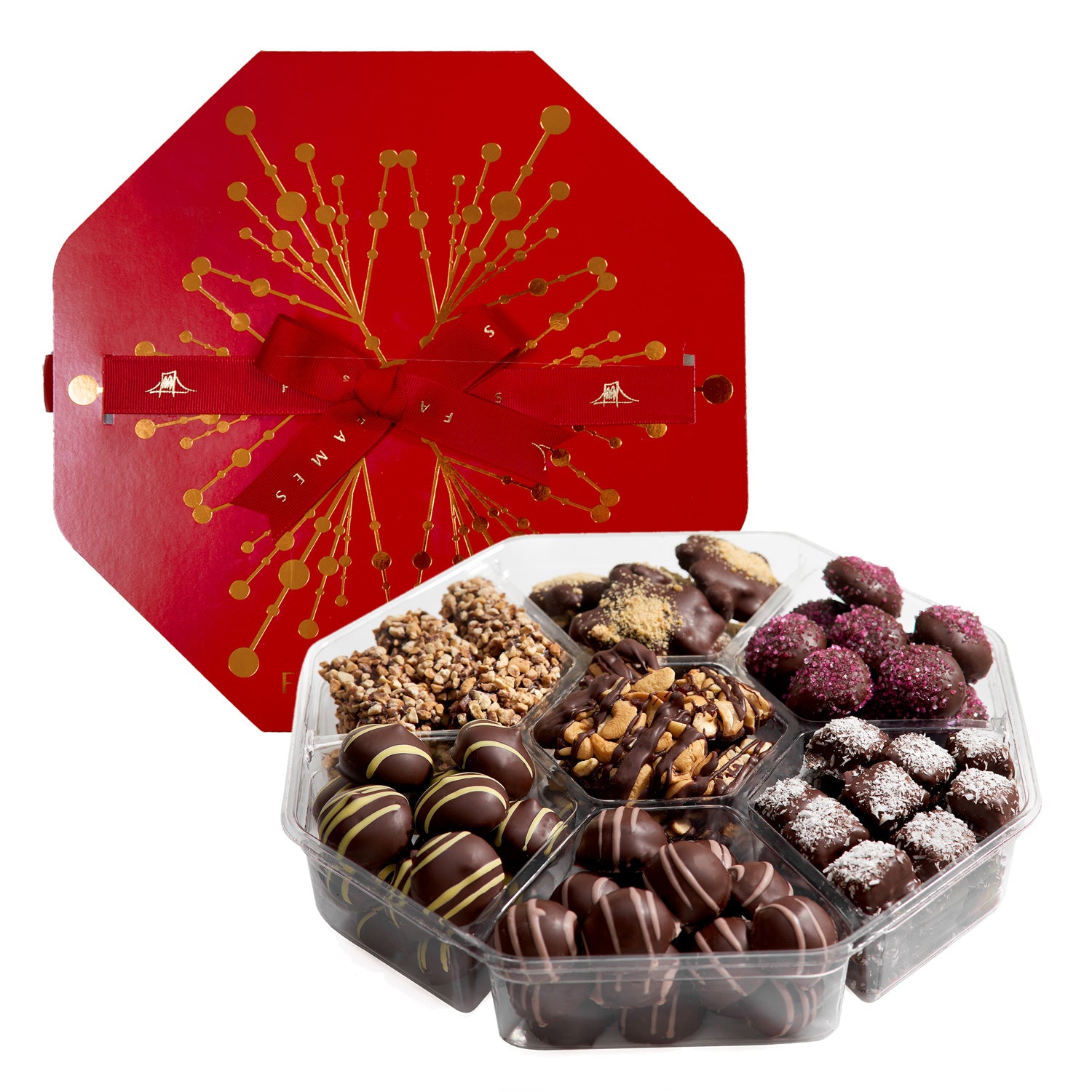 A beautifully arranged Xmas Chocolate Gift Assortment featuring rich truffles, tangy lemon chocolates, and chewy coconut caramels in elegant packaging.