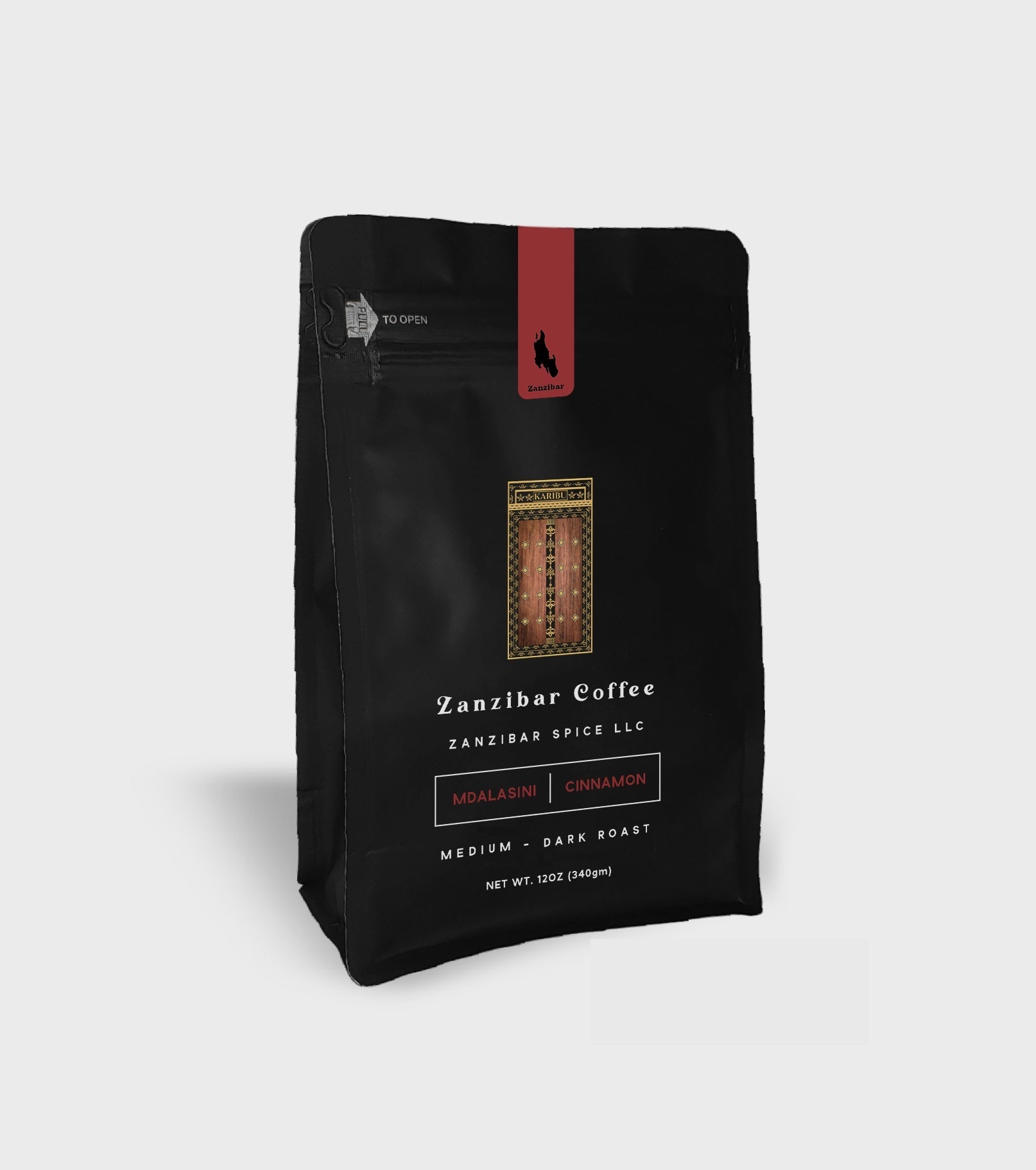 A 12oz resealable bag of Zanzibar Roast coffee with cinnamon, showcasing its rich, dark color and aromatic appeal.
