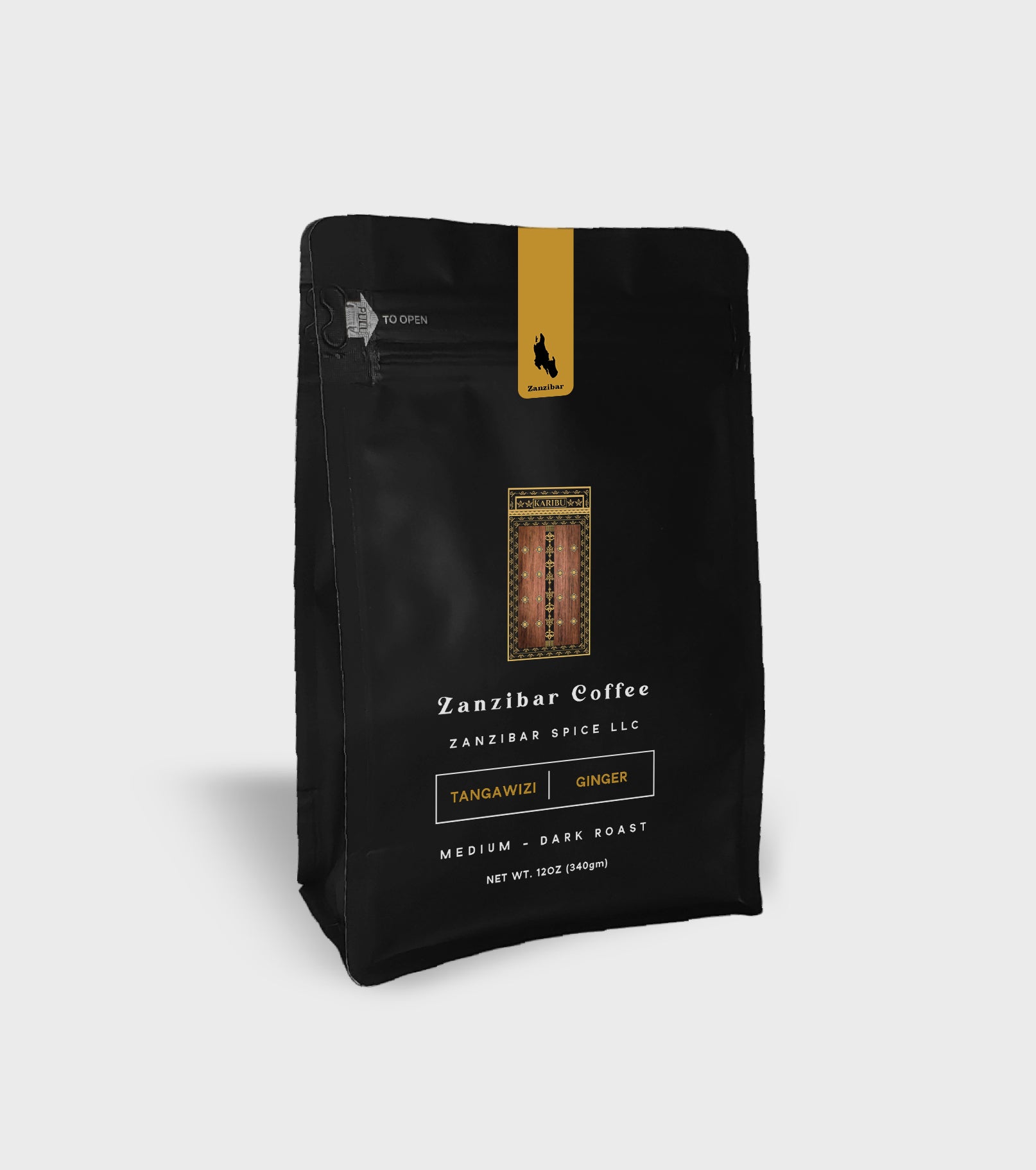A 12oz resealable bag of Zanzibar Roast coffee with ginger, showcasing its rich, dark color and vibrant packaging.
