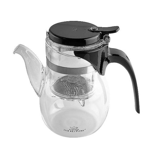 Zeus Tea Kettle with Infuser showcasing elegant borosilicate glass design and black handle.