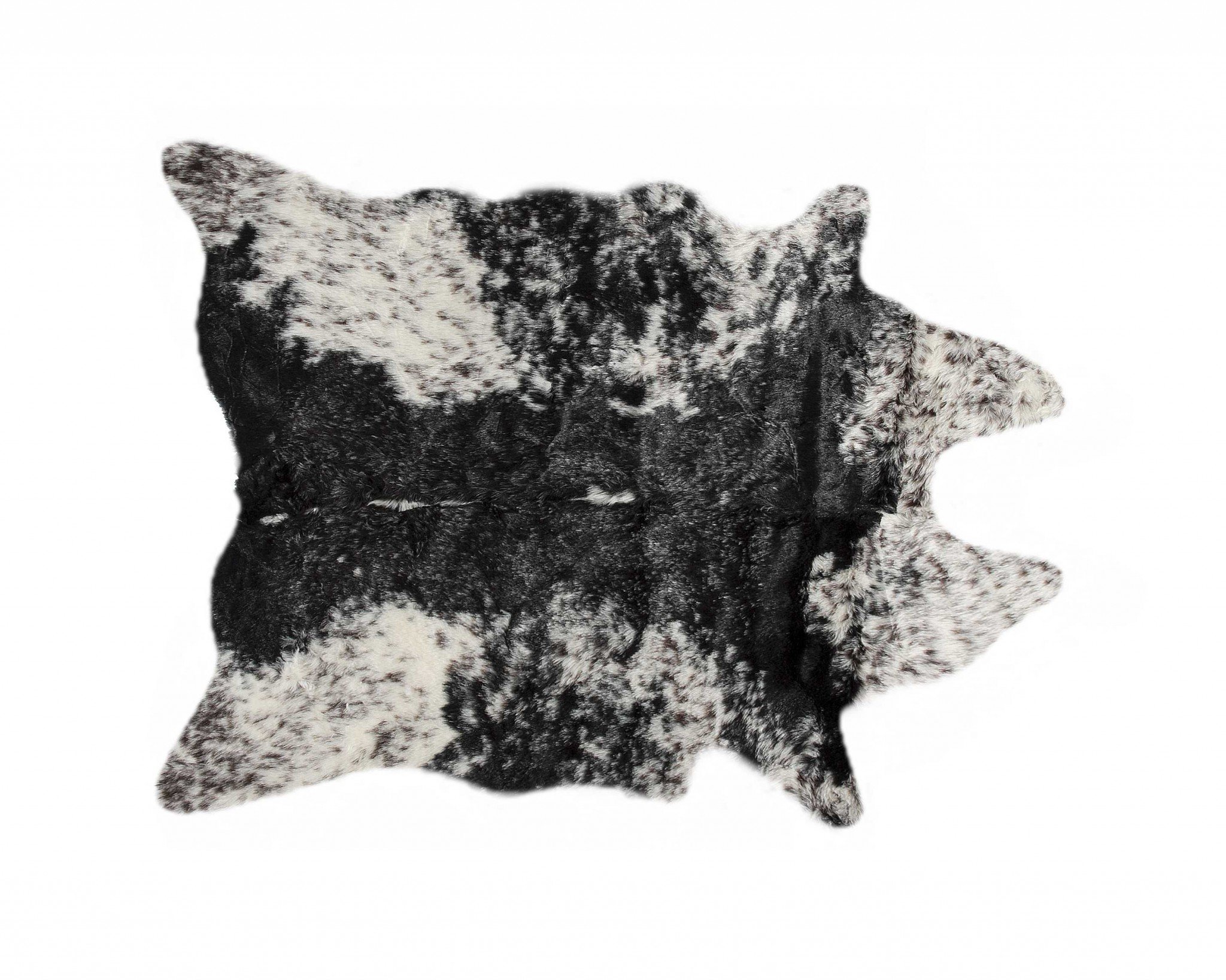 Luxurious 0.8in x 90in x 63in Acrylic Plush Polyester S&P Black rug, showcasing a soft faux cowhide texture in black and white.