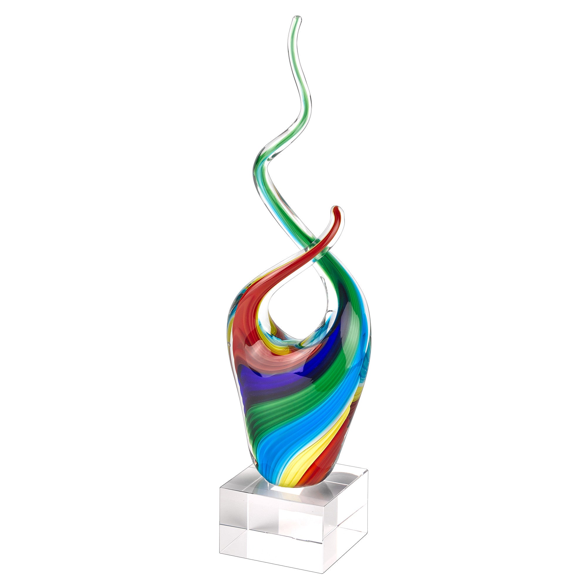 A vibrant 11 MultiColor Art Glass Abstract Centerpiece elegantly displayed on a crystal base, showcasing its stunning colors and intricate design.