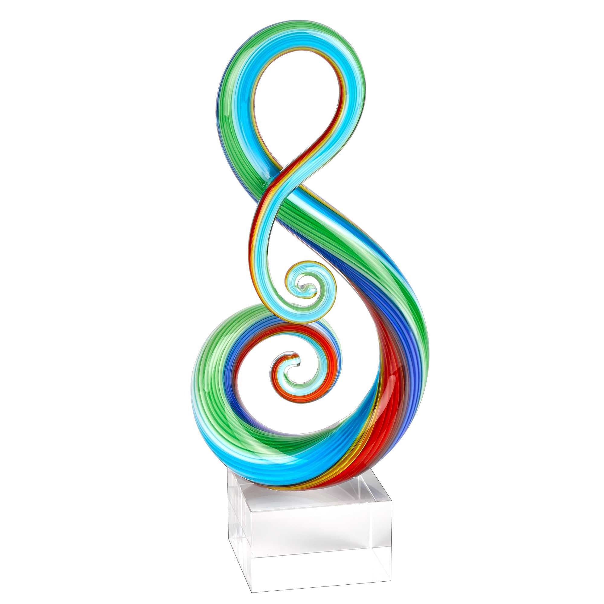 A vibrant 11 Multicolor Art Glass Note Centerpiece elegantly displayed on a crystal base, showcasing its artistic design and colors.