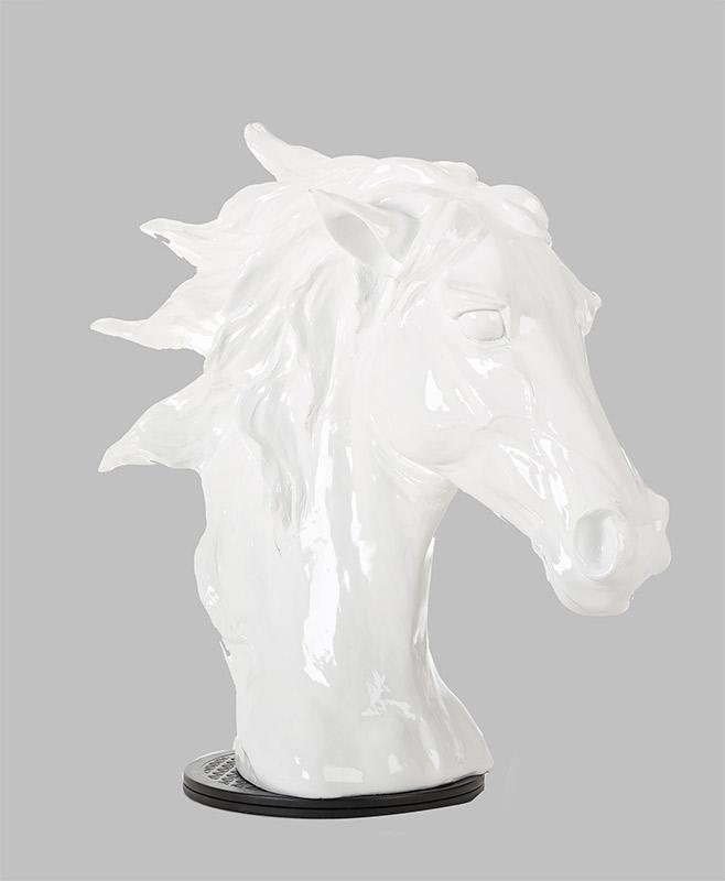 An elegant 11-inch white polyresin horse head sculpture, showcasing intricate details and a contemporary design, perfect for home decor.
