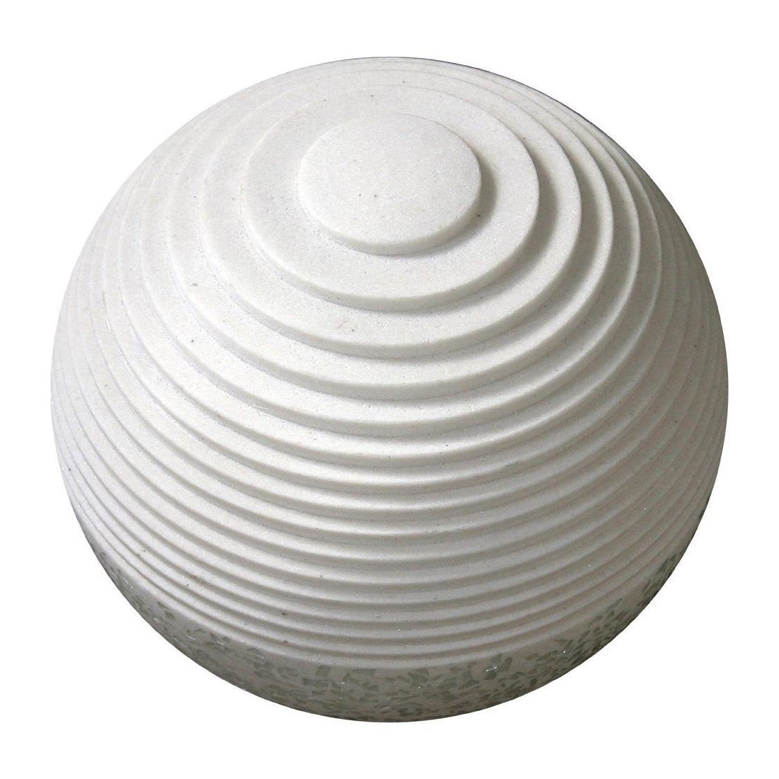 A white round outdoor ball with glowing lines, made of polished sandstone, illuminating a patio area with a stylish and modern design.