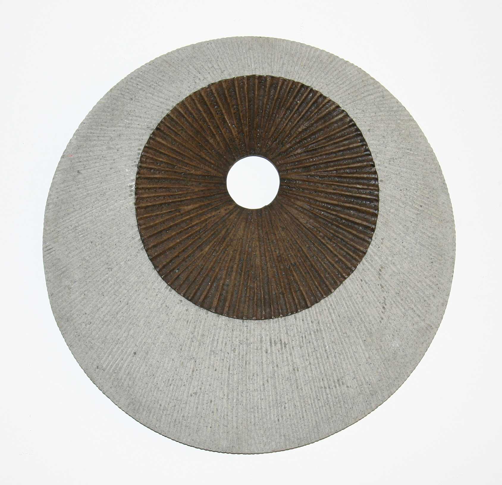 Round double layer ribbed wall decor in brown and gray, featuring a modern spiral design and ribbed finish, perfect for contemporary home decor.