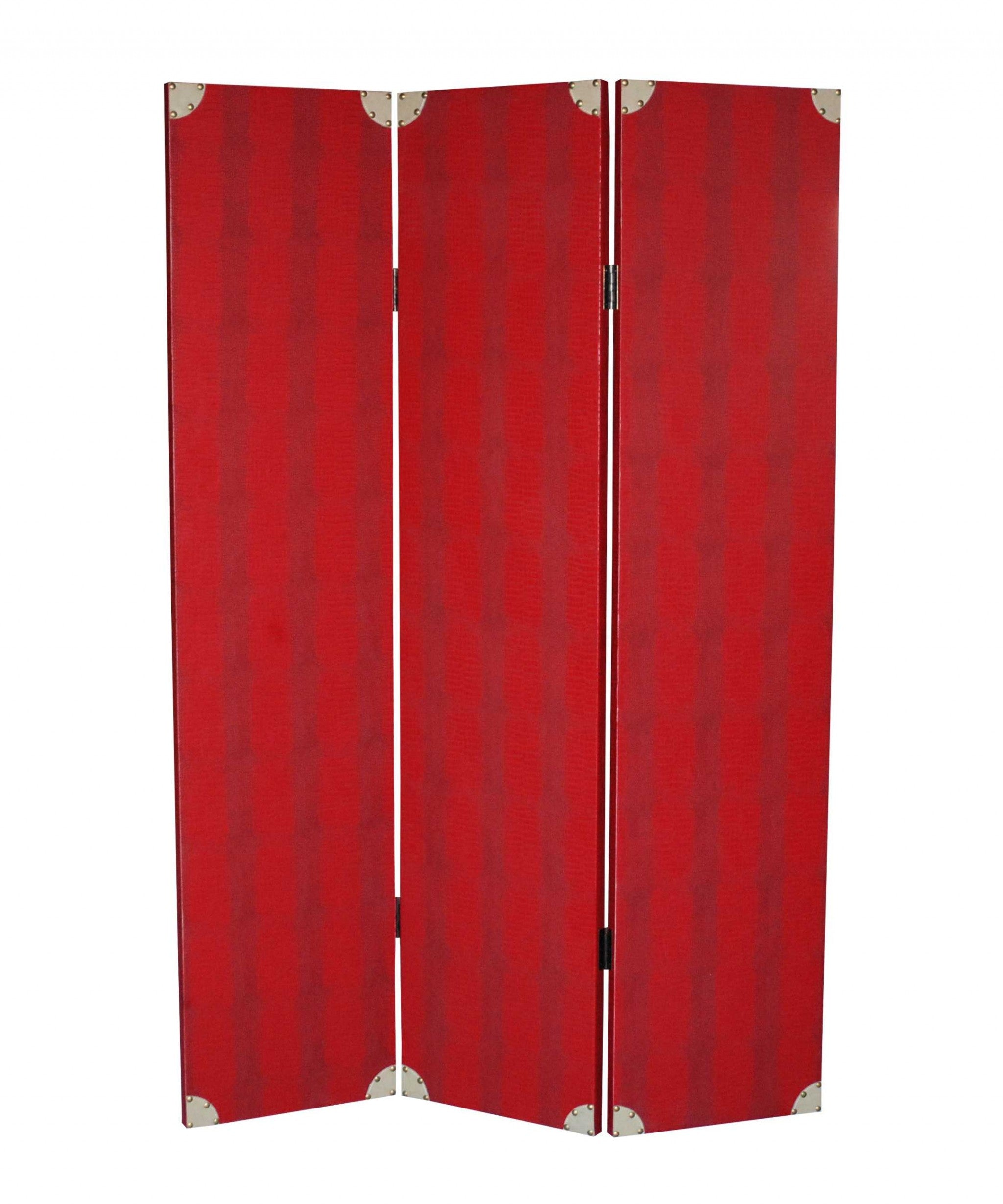 Elegant 3-panel red wood screen with crocodile impression and gold trim accents, perfect for home decor and space division.