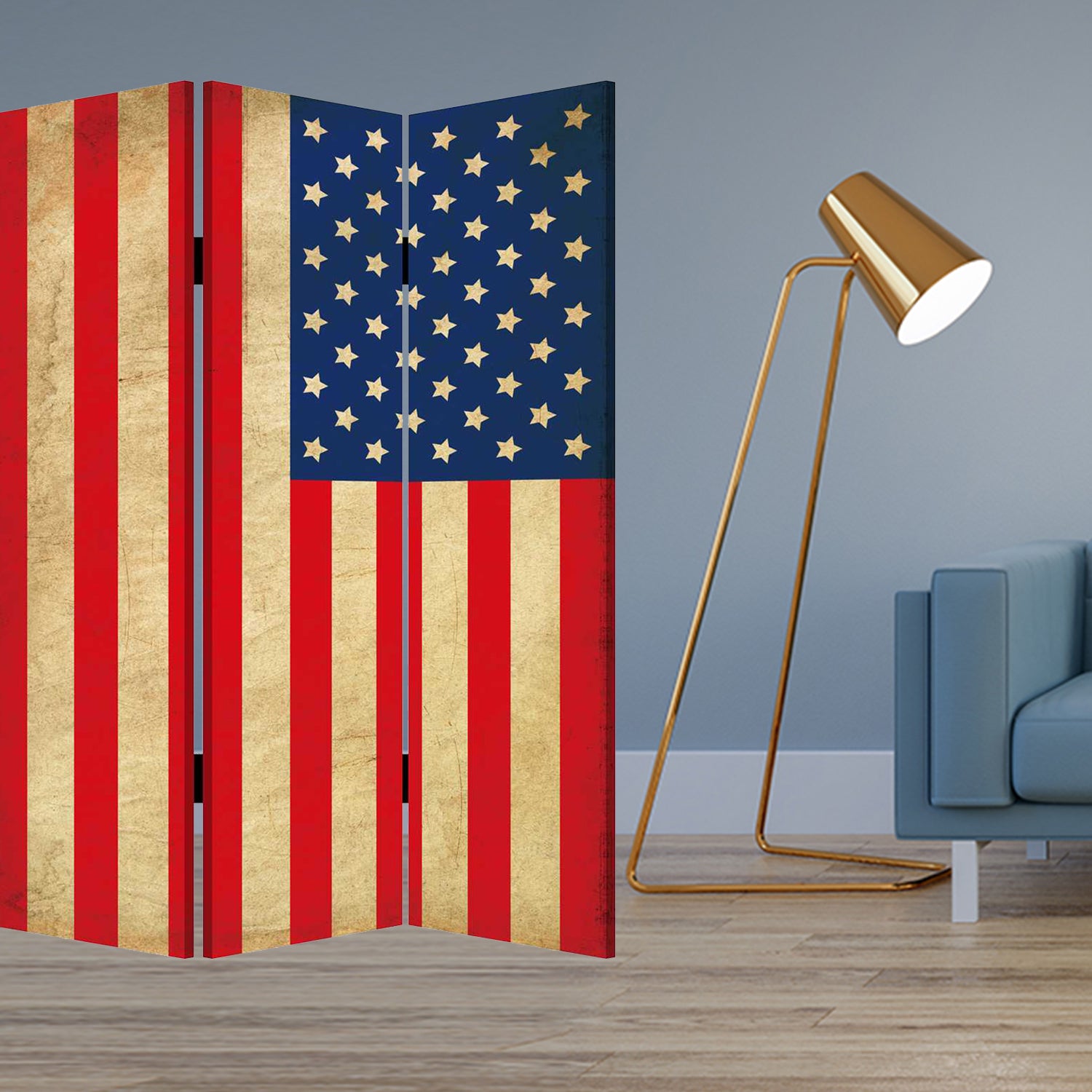 A vibrant three-panel screen featuring a multi-color canvas print of the American flag, designed to enhance home decor and create private spaces.