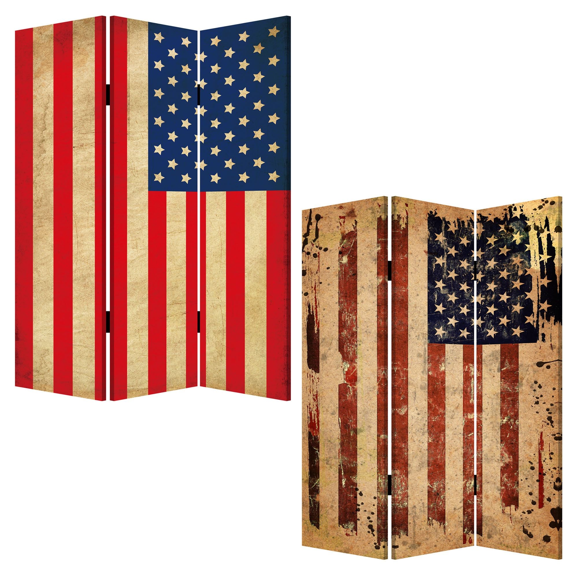 A vibrant three-panel screen featuring a multi-color canvas print of the American flag, designed to enhance home decor and create private spaces.