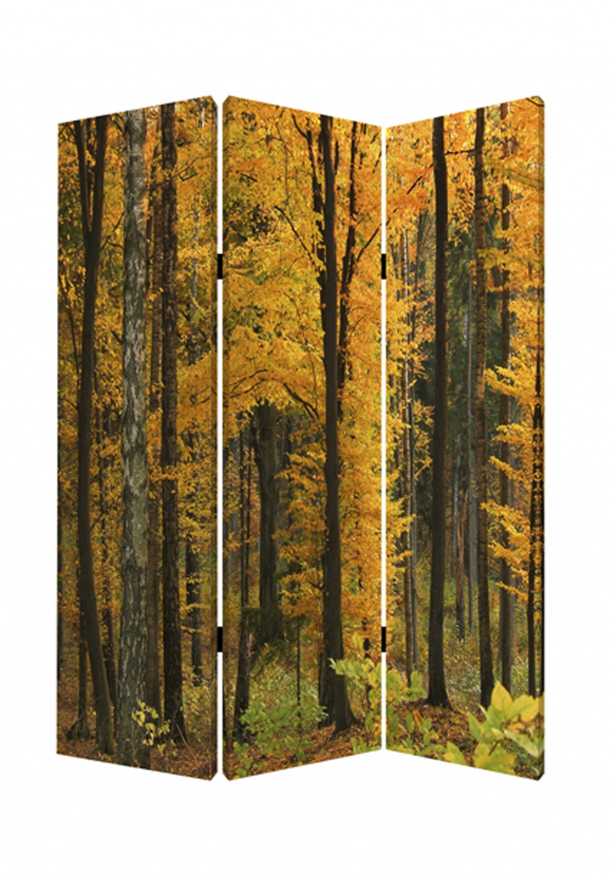 A vibrant three-panel screen featuring autumn-themed canvas prints in multiple colors, designed to enhance home decor.