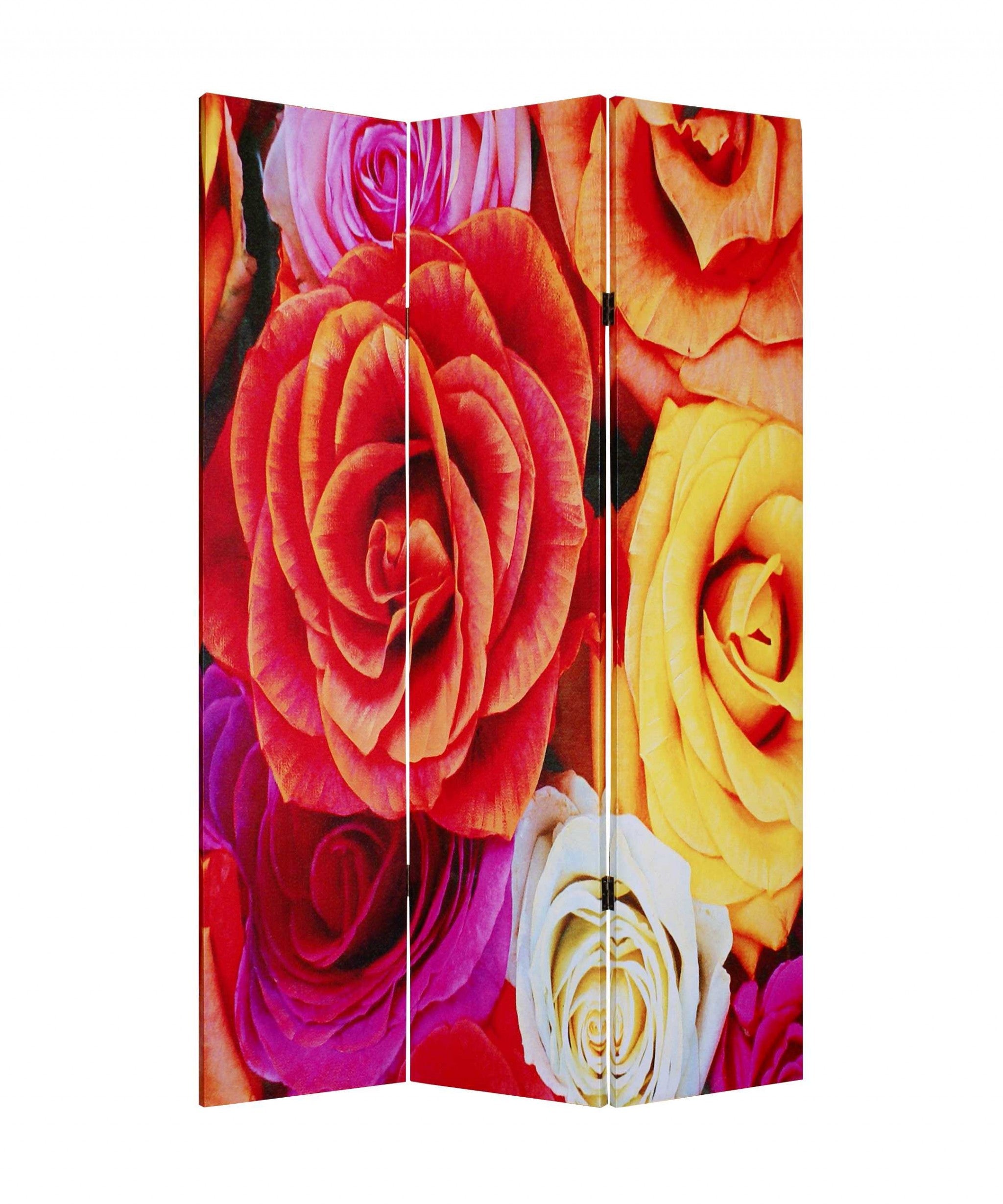 A vibrant 3-panel screen featuring colorful daisy and rose canvas prints, designed to enhance home decor and create private spaces.