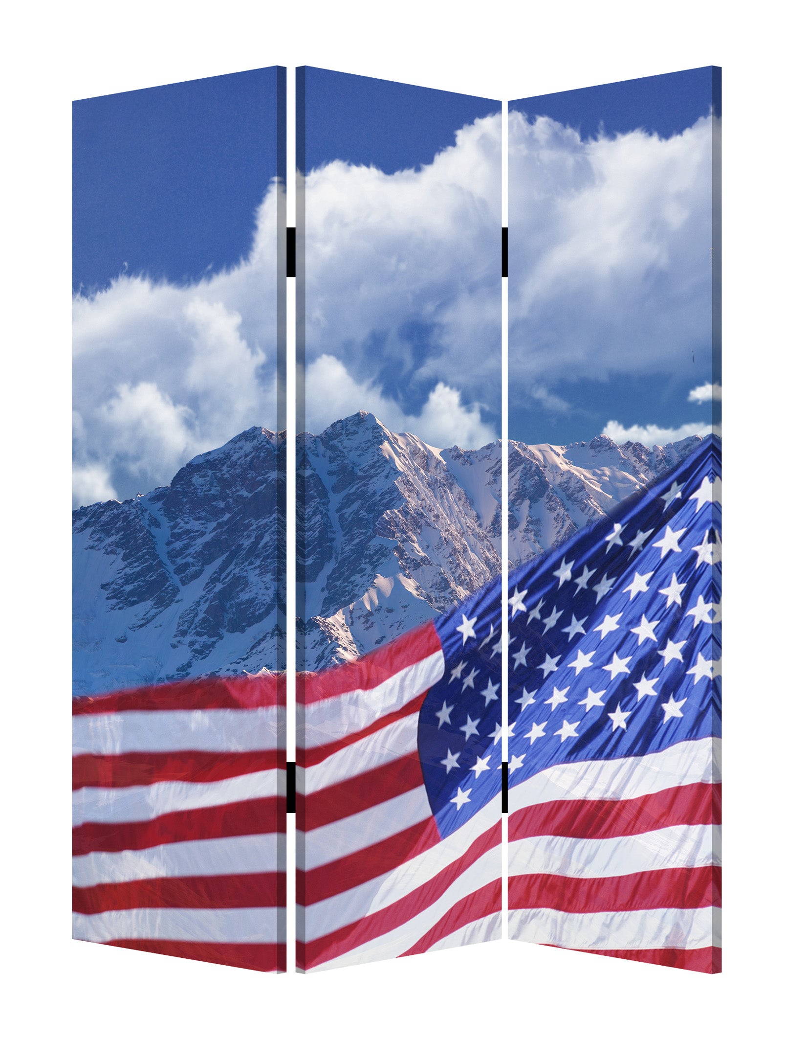 A colorful 3-panel wood canvas screen featuring the American flag design, showcasing vibrant colors and artistic prints on both sides.
