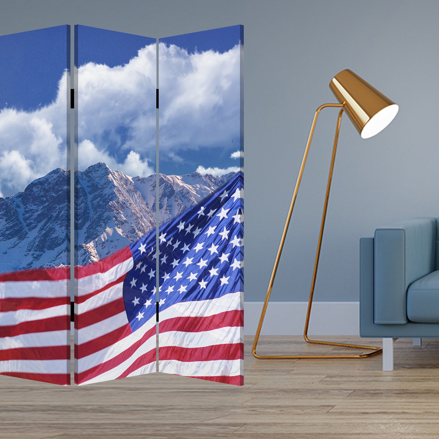 A colorful 3-panel wood canvas screen featuring the American flag design, showcasing vibrant colors and artistic prints on both sides.