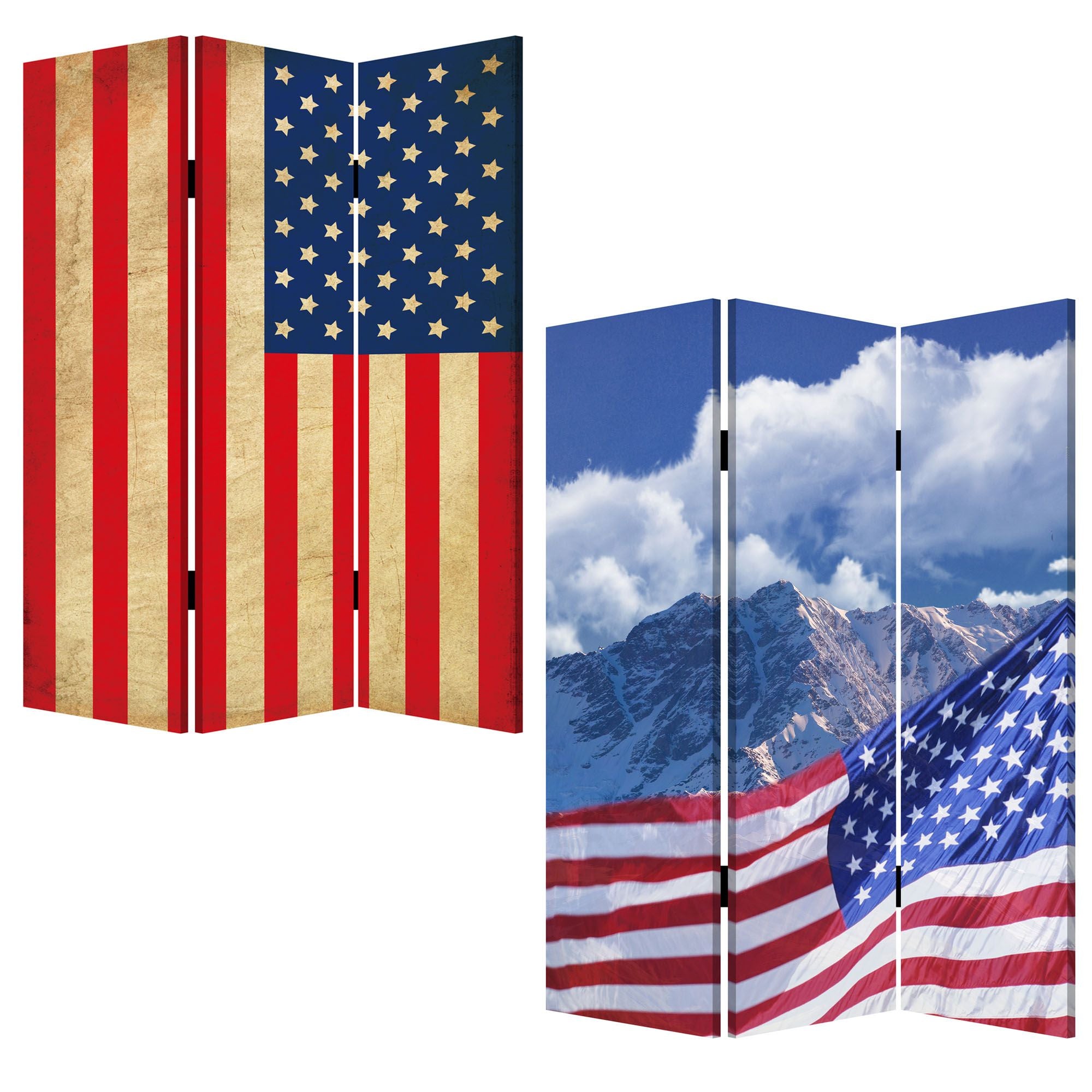 A colorful 3-panel wood canvas screen featuring the American flag design, showcasing vibrant colors and artistic prints on both sides.