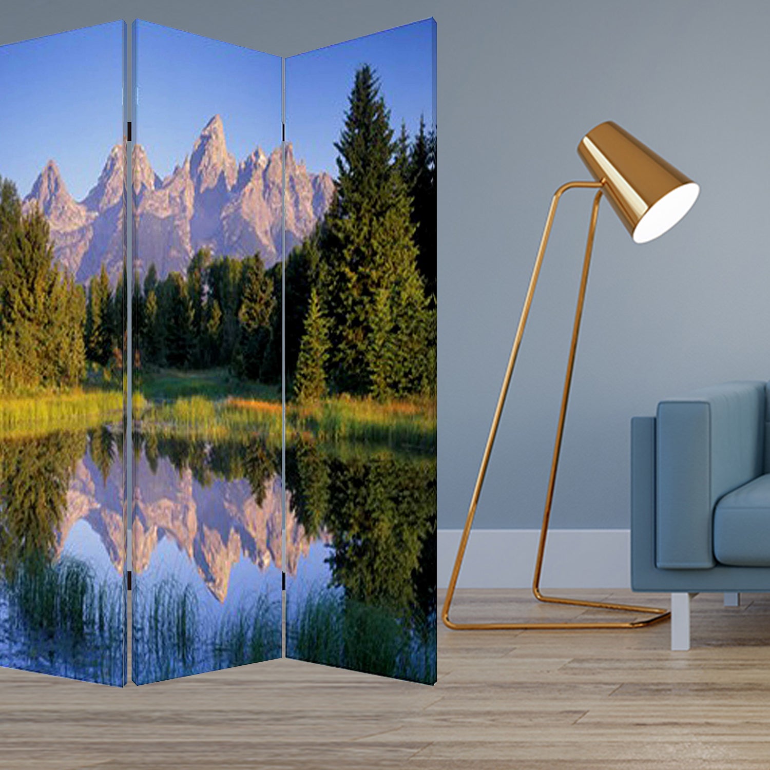 A vibrant multi-color wood canvas screen featuring mountain peaks, elegantly designed with three panels for room division.
