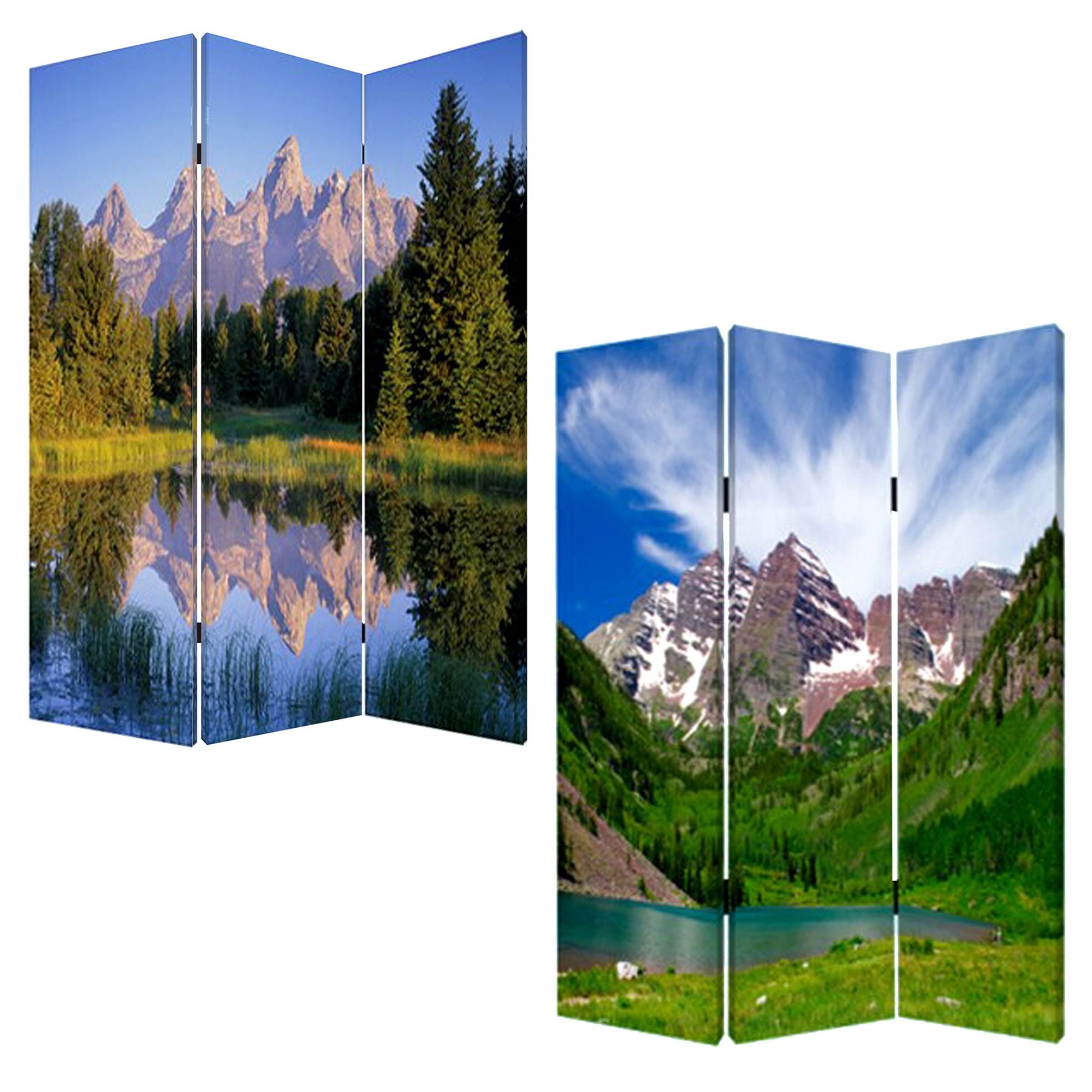 A vibrant multi-color wood canvas screen featuring mountain peaks, elegantly designed with three panels for room division.