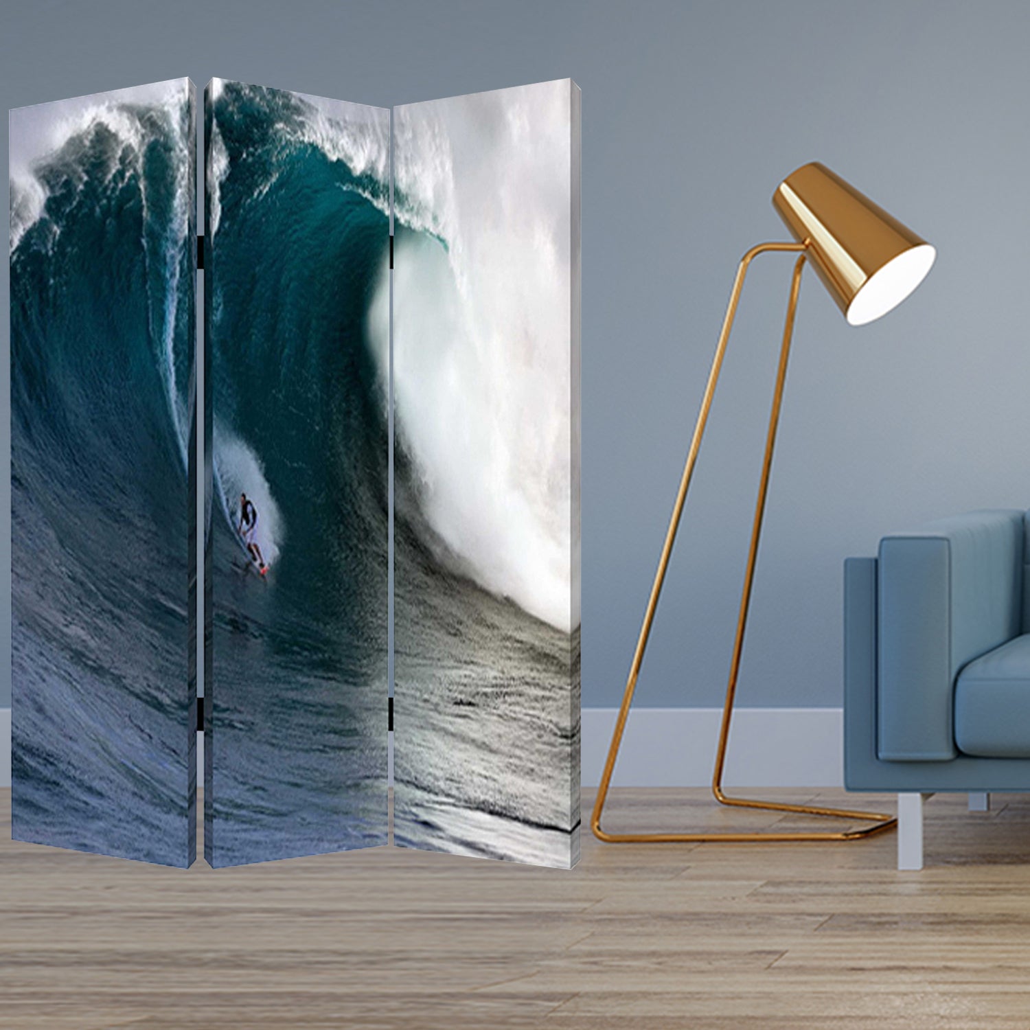 A vibrant three-panel wood canvas wave screen featuring colorful designs on both sides, perfect for room division and decor enhancement.