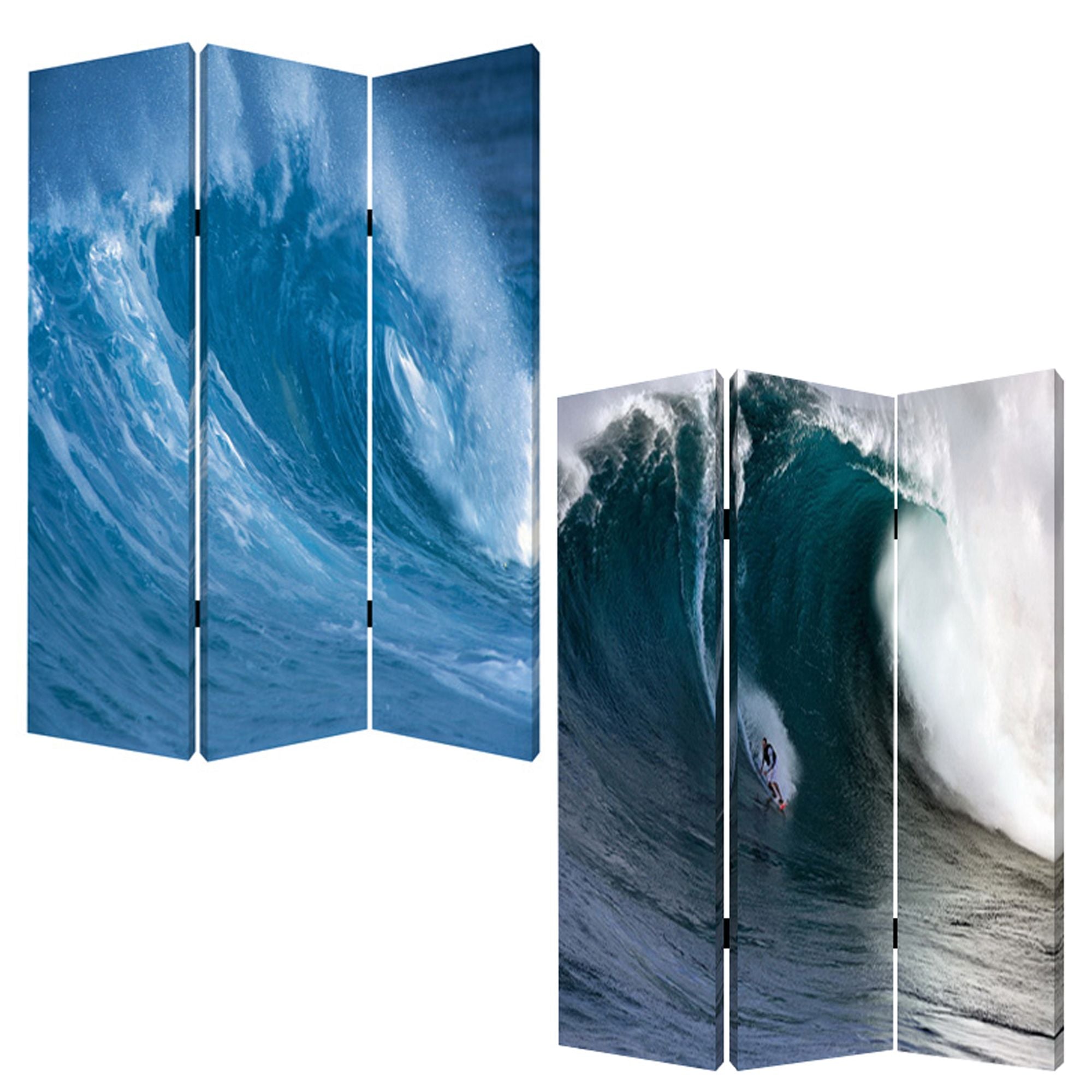 A vibrant three-panel wood canvas wave screen featuring colorful designs on both sides, perfect for room division and decor enhancement.