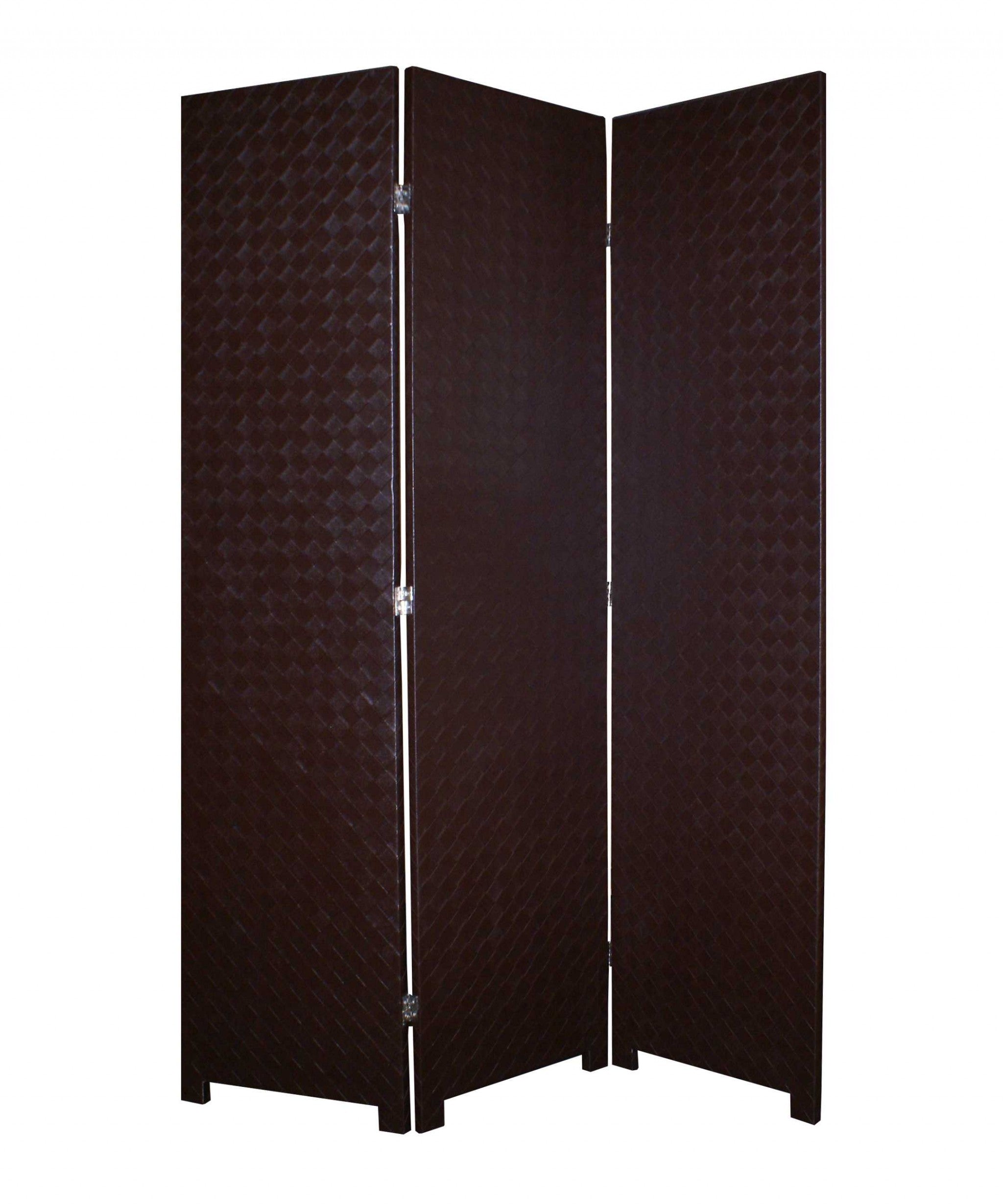 Elegant 3-panel brown criss cross faux leather screen, showcasing stylish design and durable material, perfect for contemporary home decor.