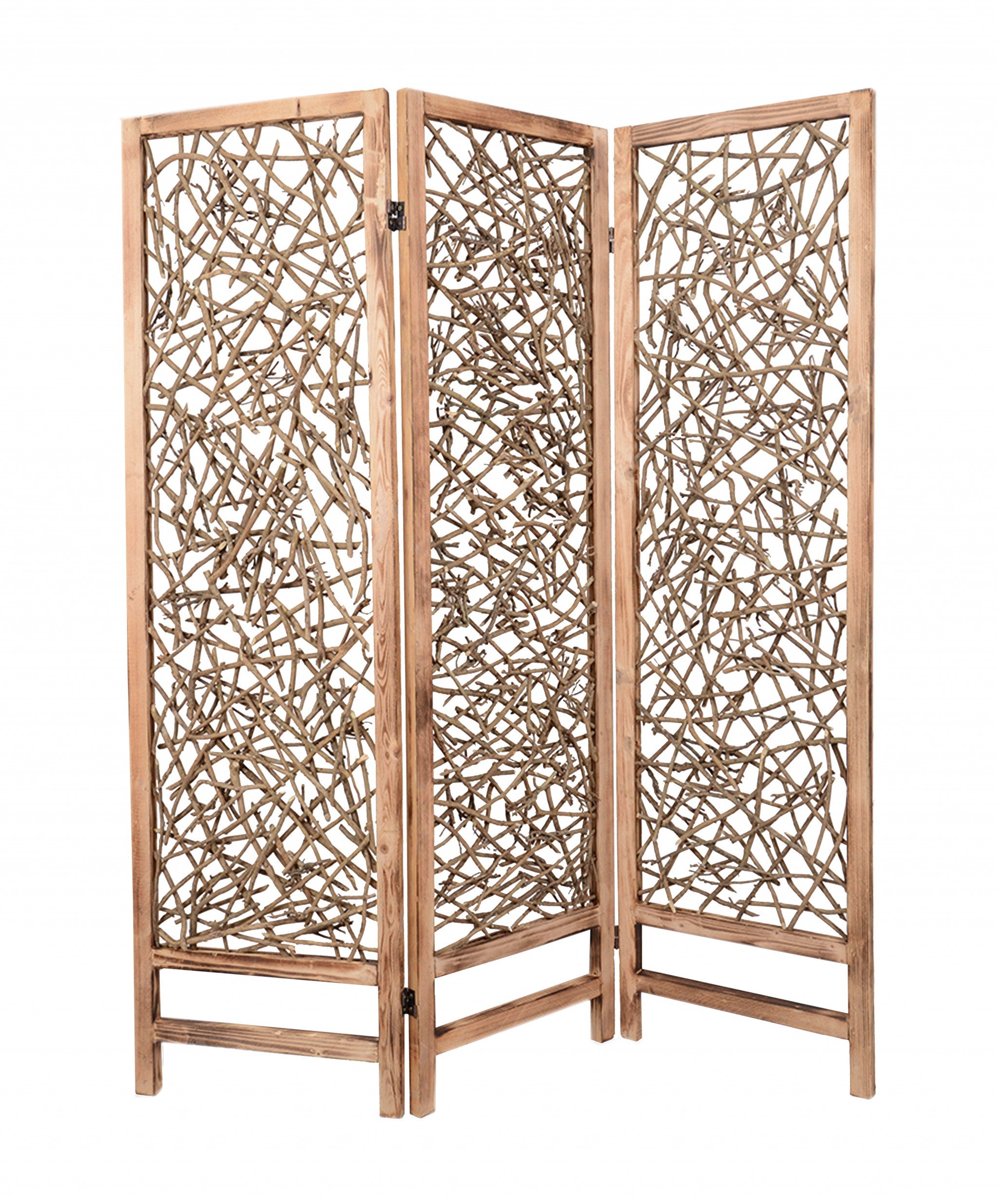 A stylish brown 3 panel wood foldable screen featuring decorative willow branches, perfect for indoor and outdoor use.