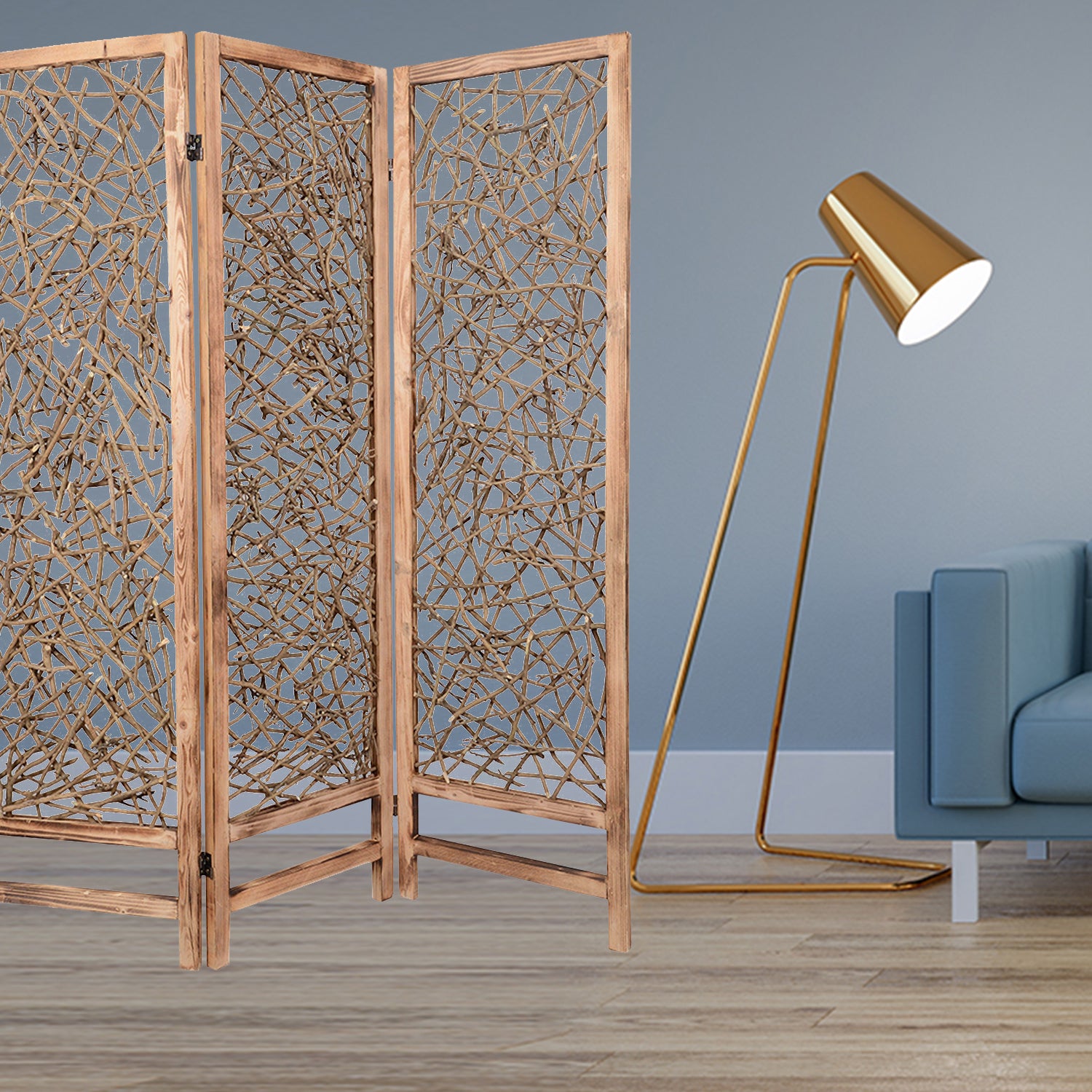 A stylish brown 3 panel wood foldable screen featuring decorative willow branches, perfect for indoor and outdoor use.