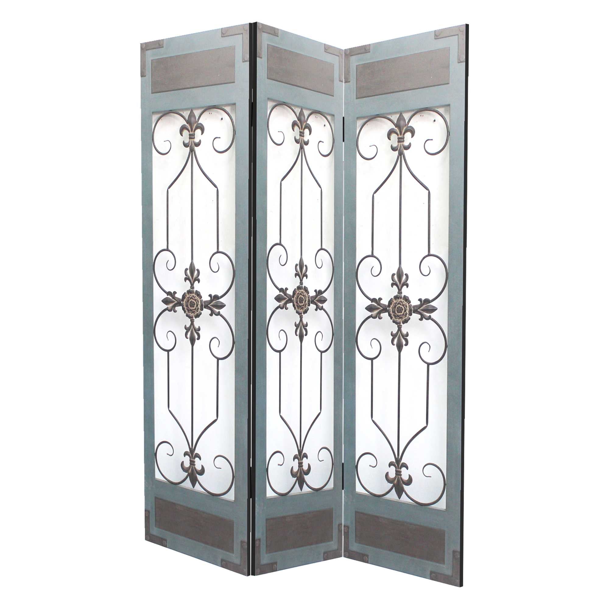 A beautiful 3-panel blue wood metal screen featuring a classic iron motif, perfect for home decor.