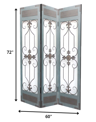 A beautiful 3-panel blue wood metal screen featuring a classic iron motif, perfect for home decor.