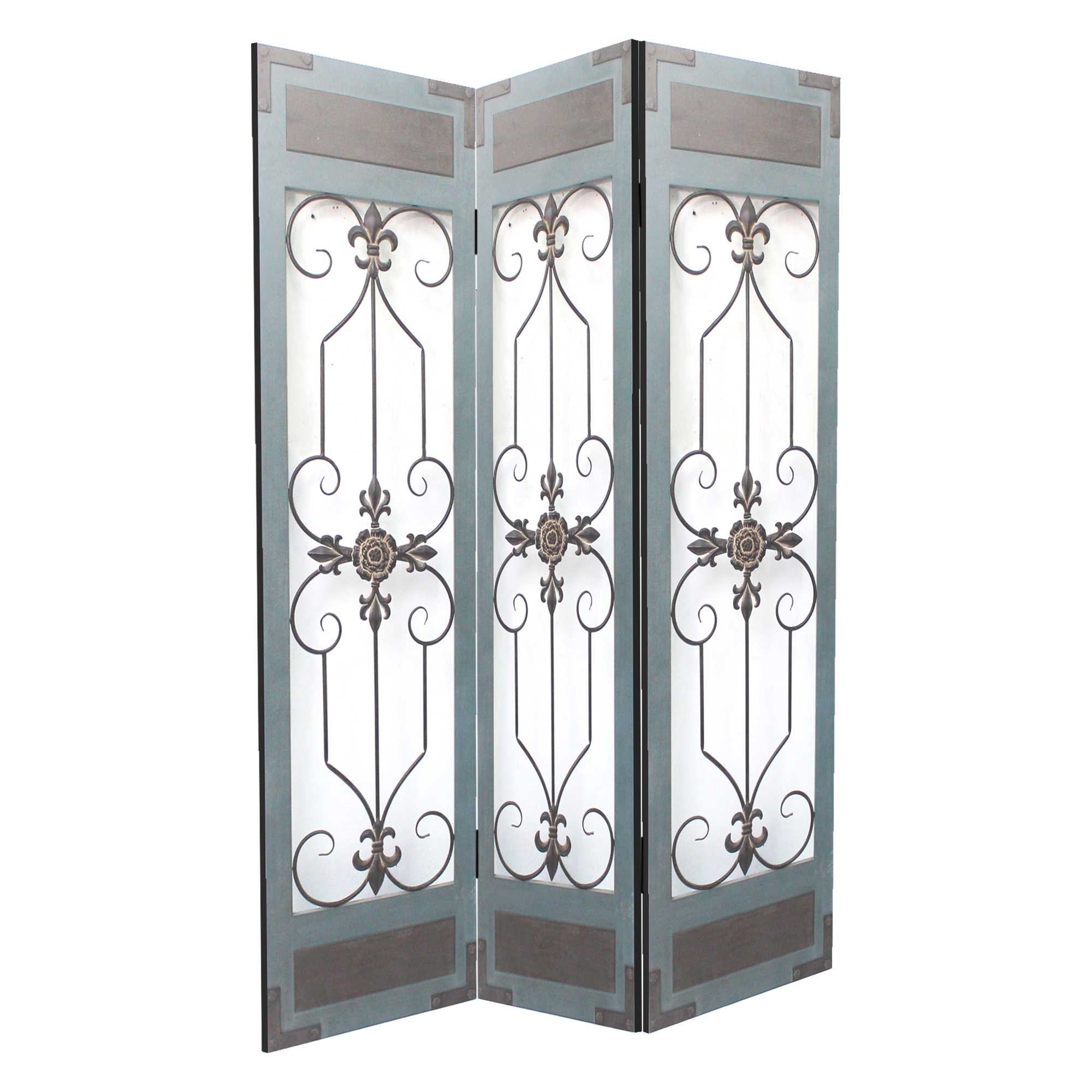 A beautiful 3-panel blue wood metal screen featuring a classic iron motif, perfect for home decor.