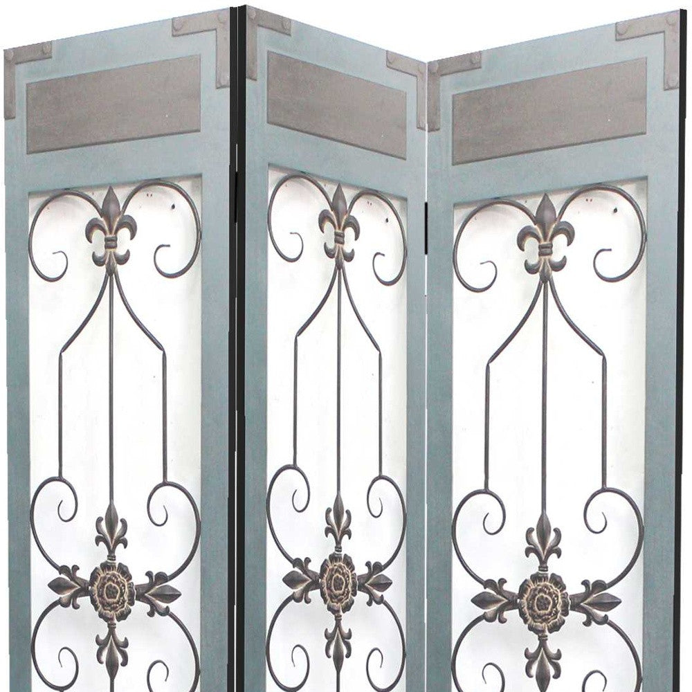 A beautiful 3-panel blue wood metal screen featuring a classic iron motif, perfect for home decor.