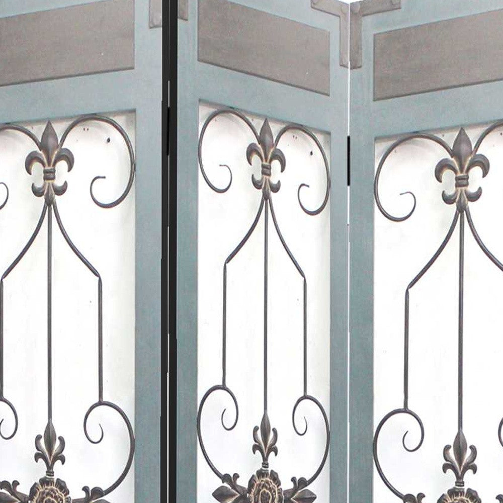 A beautiful 3-panel blue wood metal screen featuring a classic iron motif, perfect for home decor.